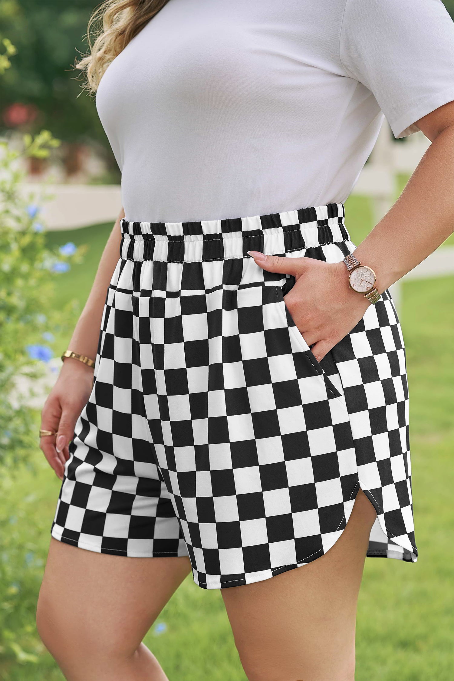 Black Plus Size Checkered Athleisure Shorts