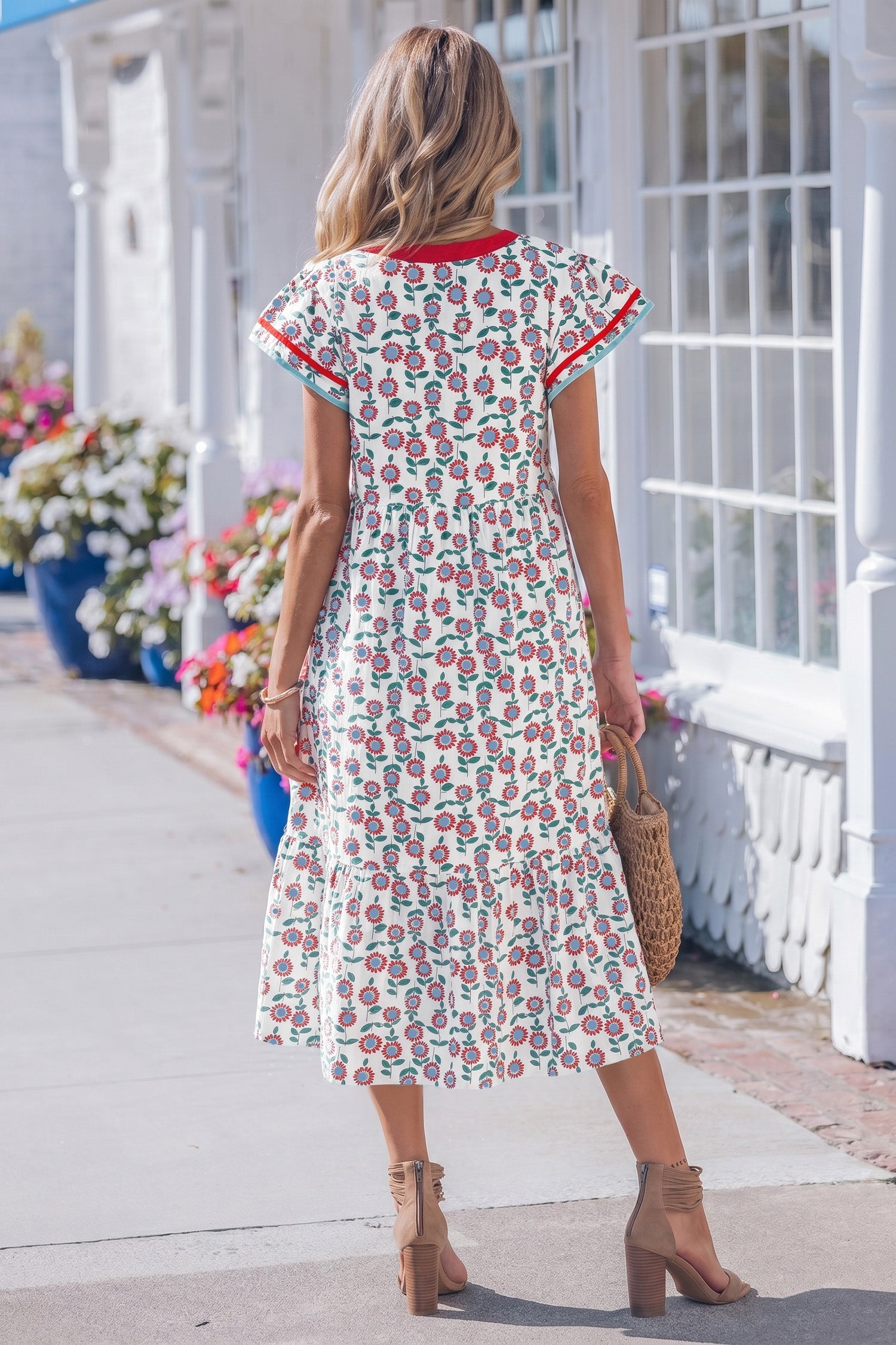 Sky Blue Cute Sunflower Printed Striped Patchwork Trim Flutter Sleeve Long Dress