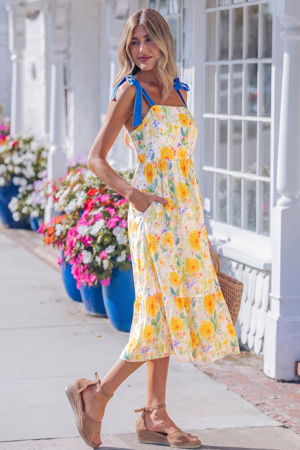 Yellow Floral Print Contrast Stitched Knot Denim Straps High Waist Dress