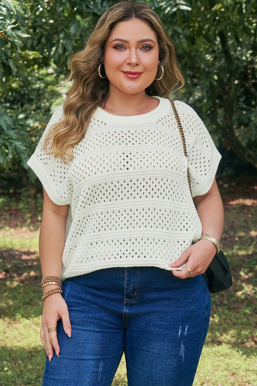White Plus Size Eyelet Hollow Out Knit Ribbed Trim Short Sleeve Dolman Sweater