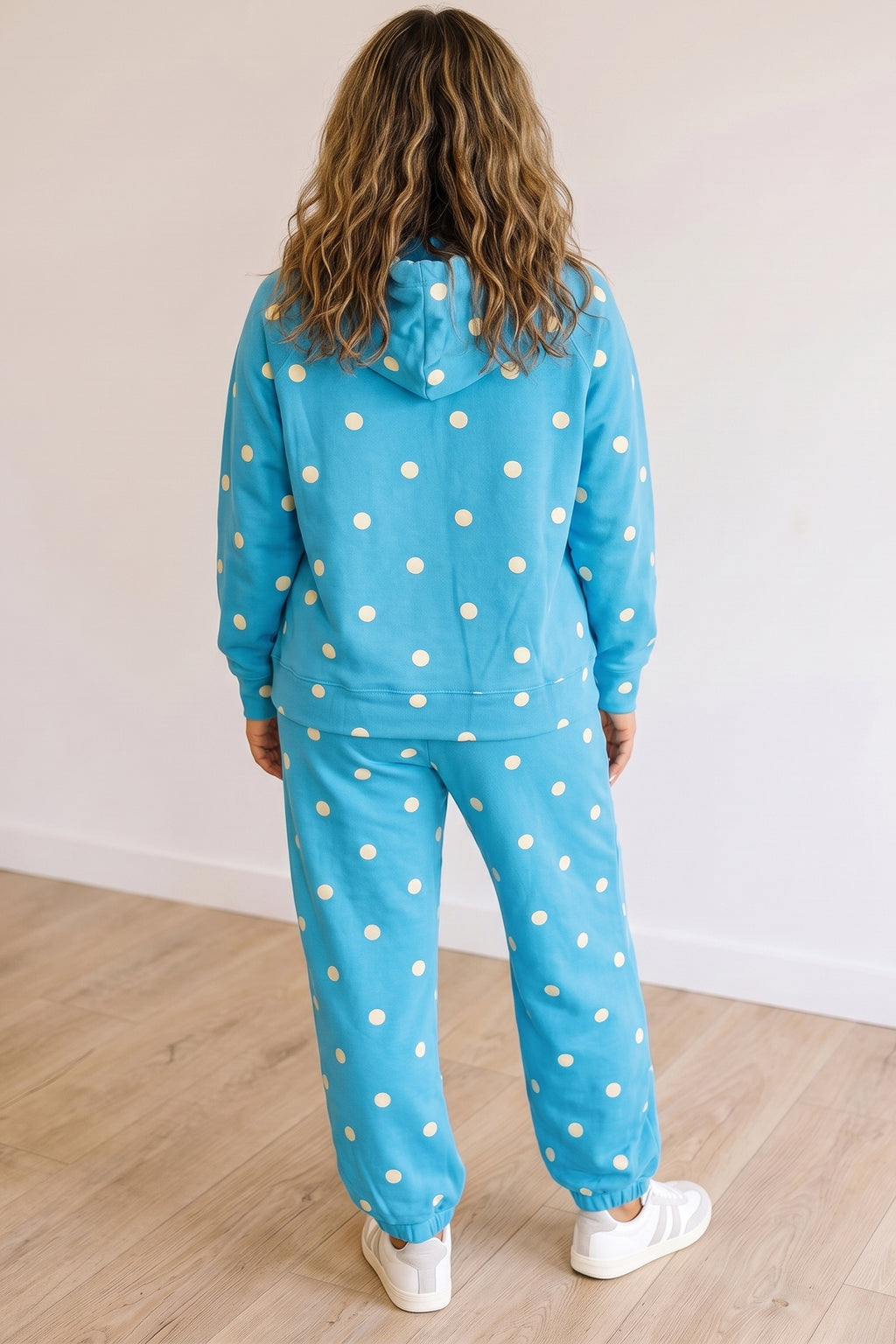 Blue Polka Dot Hooded Drawstring Long Sleeve Plus Size Set