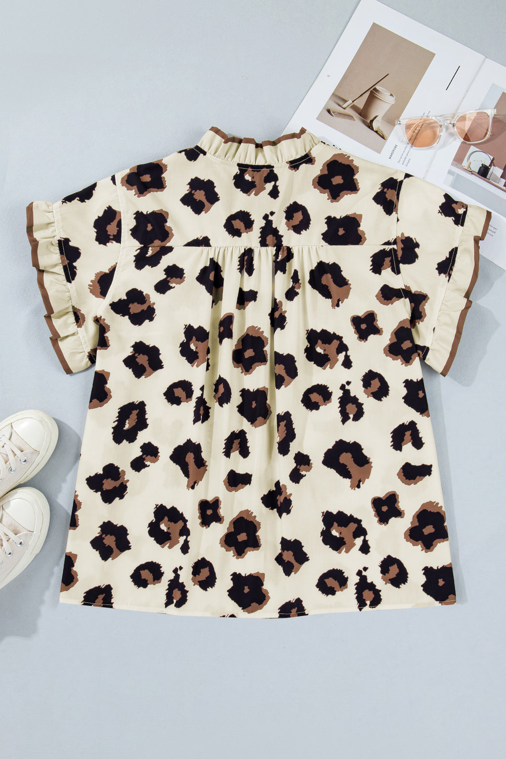 Khaki Plus Size Leopard Print Frilled Color Block Trim Button Down Short Sleeve Blouse