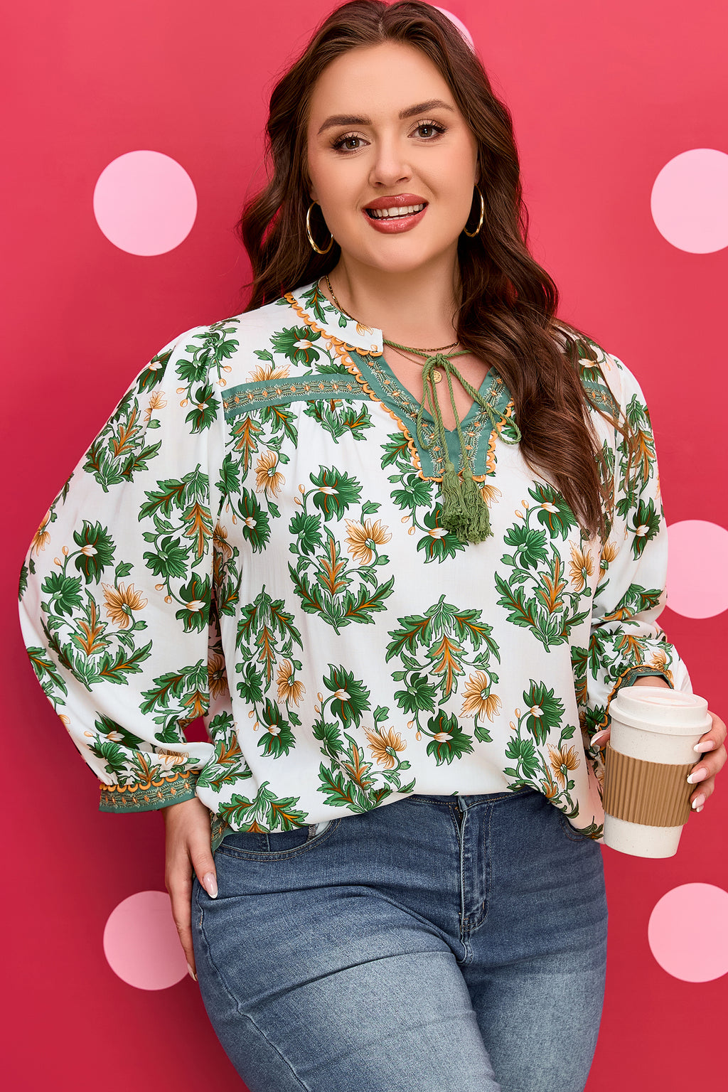 Green Plus Size Floral Printed Contrast Patchwork Detail Tassel Tie 3/4 Sleeve Blouse