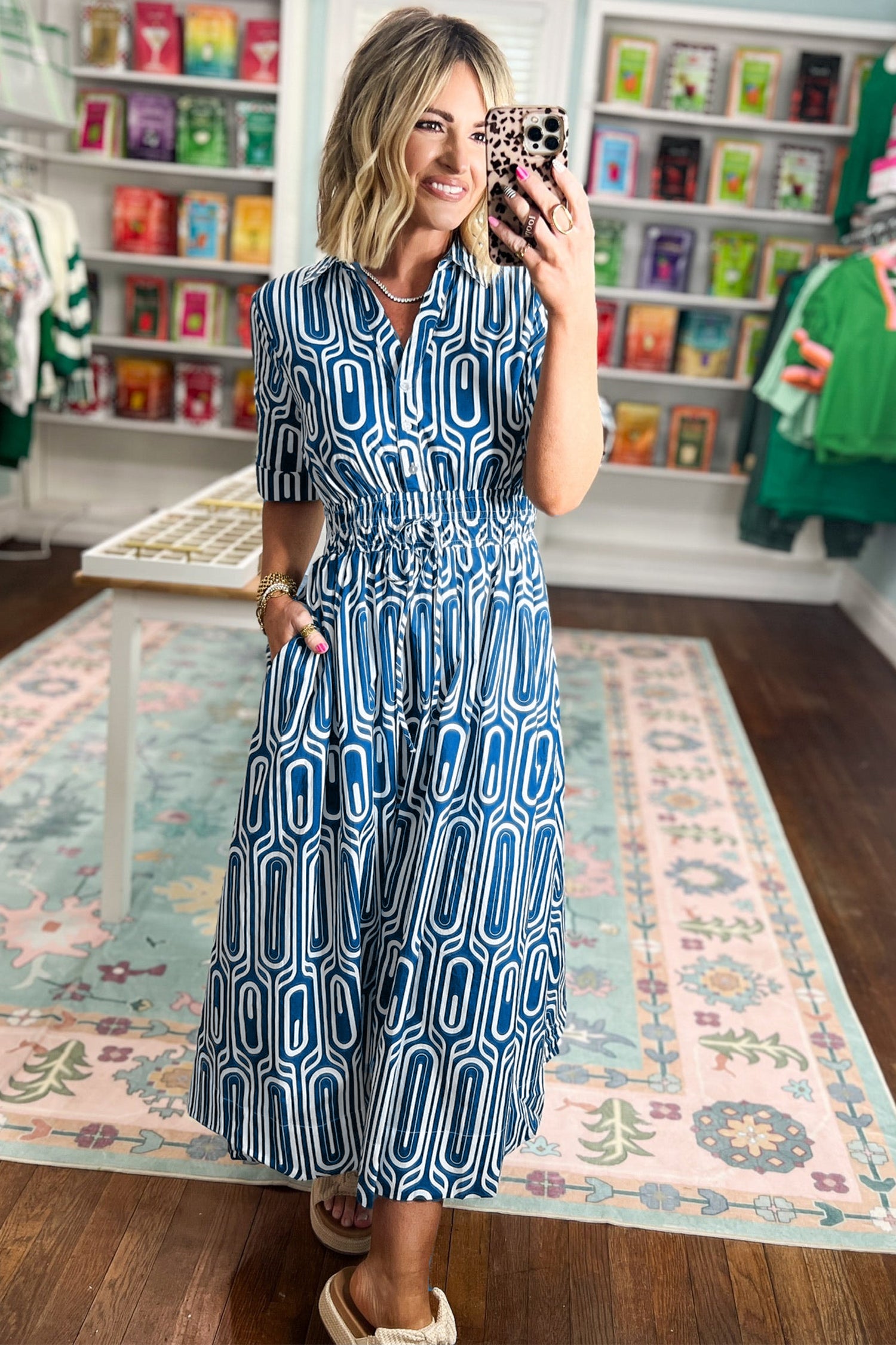 Blue Geometric Print Short Sleeve Drawstring Shirt Collar Dress