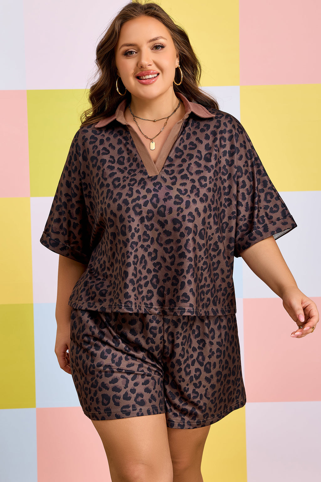 Brown Plus Size Leopard Short Set