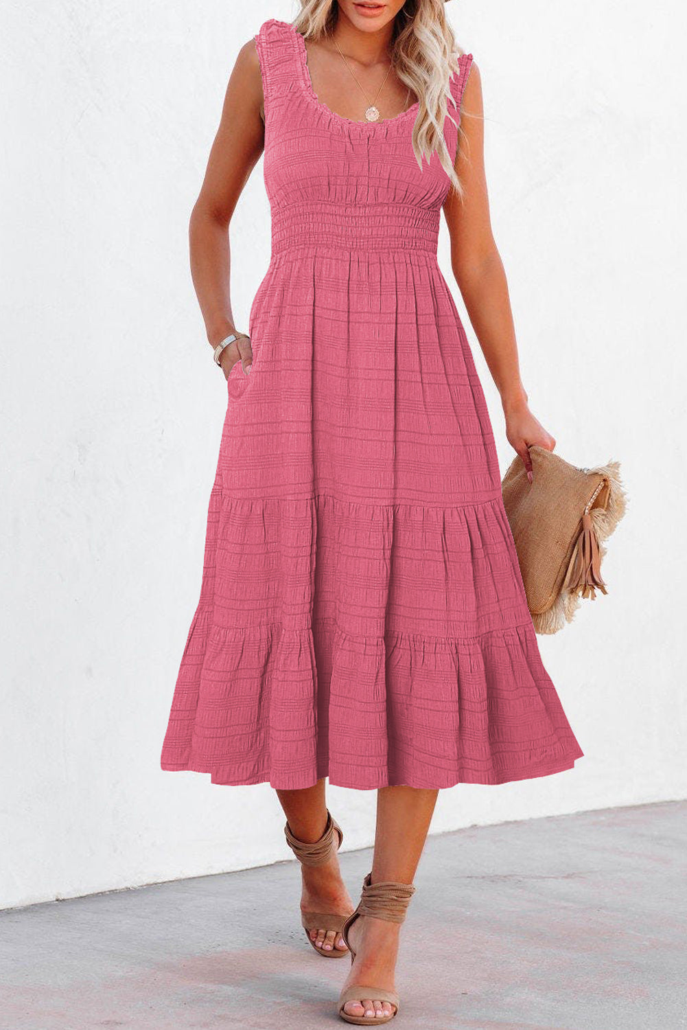 Black Shirred Pleated Square Neck Sleeveless Midi Dress
