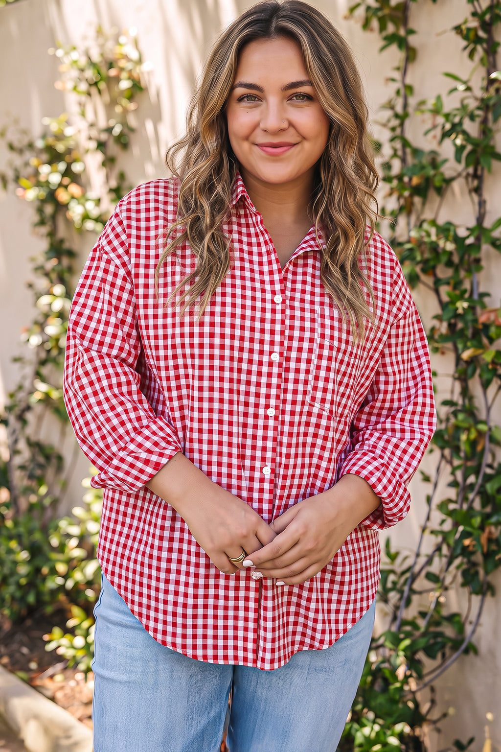 Red Plaid V Neck Long Sleeve Tunic Loose Fit Plus Size Shirt