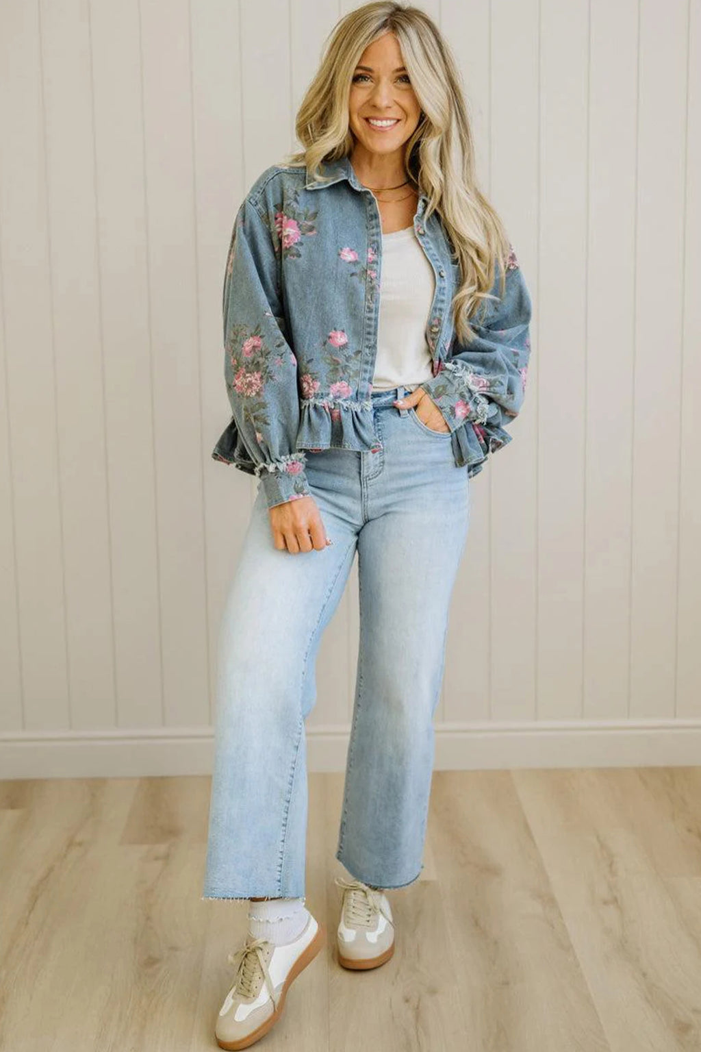 Sky Blue Floral Print Raw Seam Ruffle Hem Denim Jacket