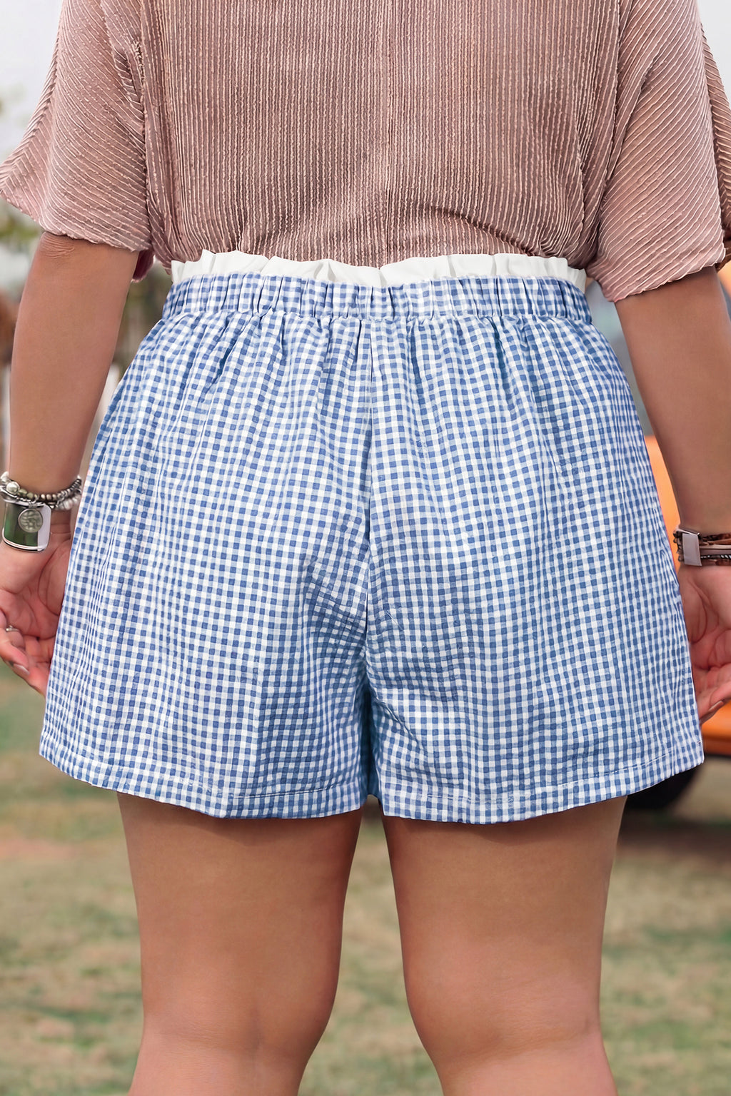 Pink Contrast Trim Plaid Print Plus Size Shorts