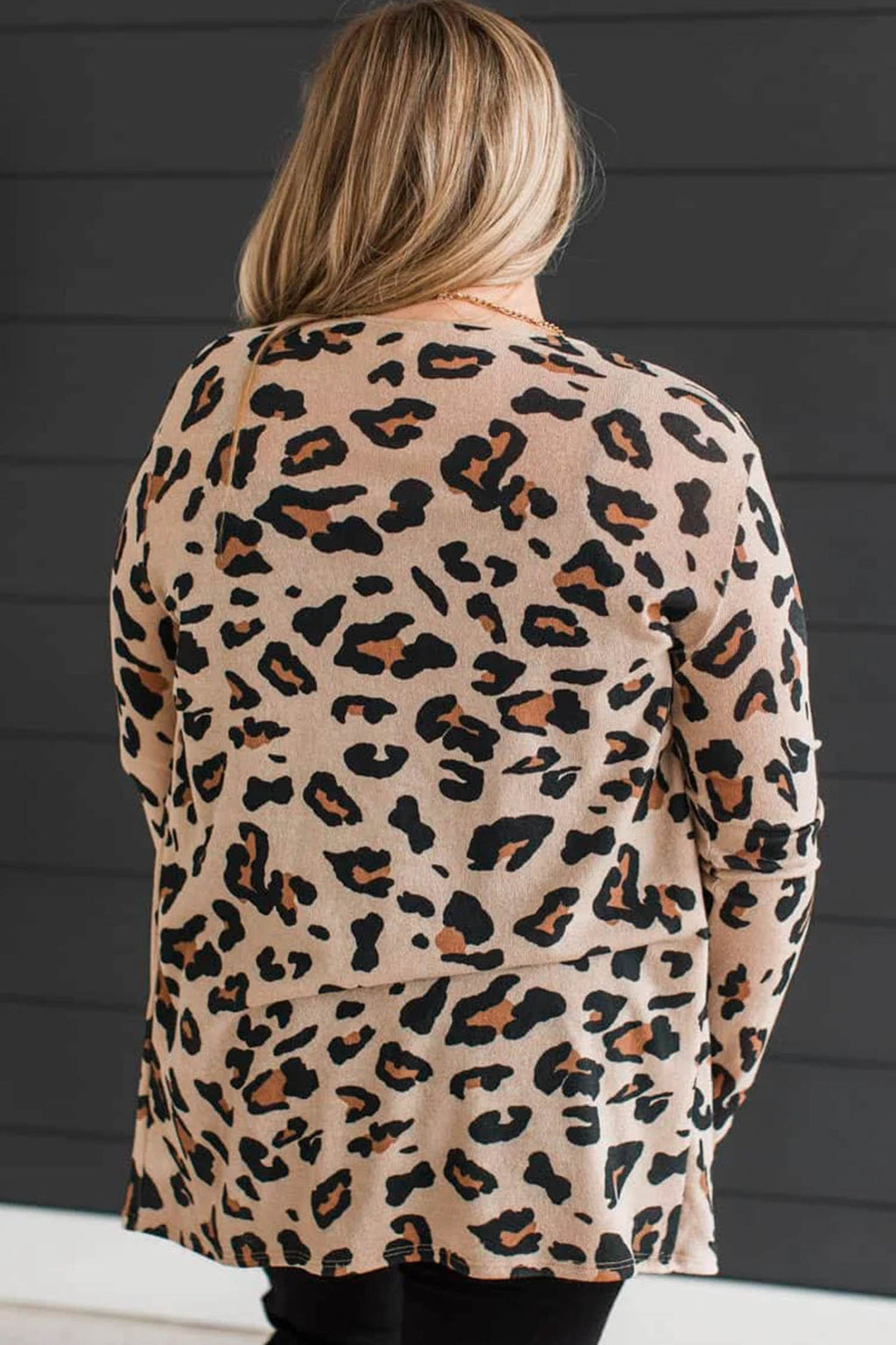 Khaki Leopard Print Long Sleeve V Neck Tunic Plus Size Cardigan