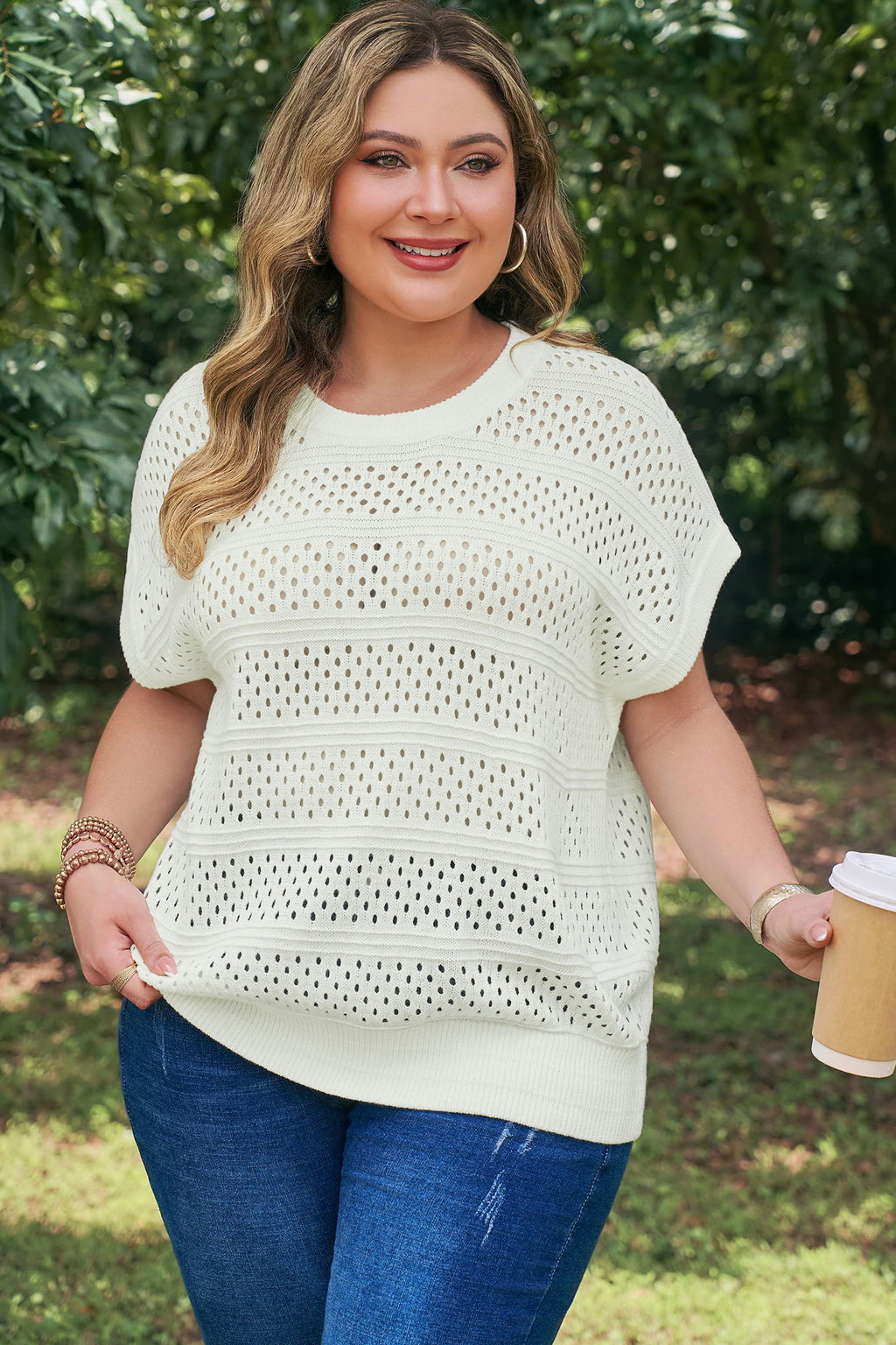 White Plus Size Eyelet Hollow Out Knit Ribbed Trim Short Sleeve Dolman Sweater