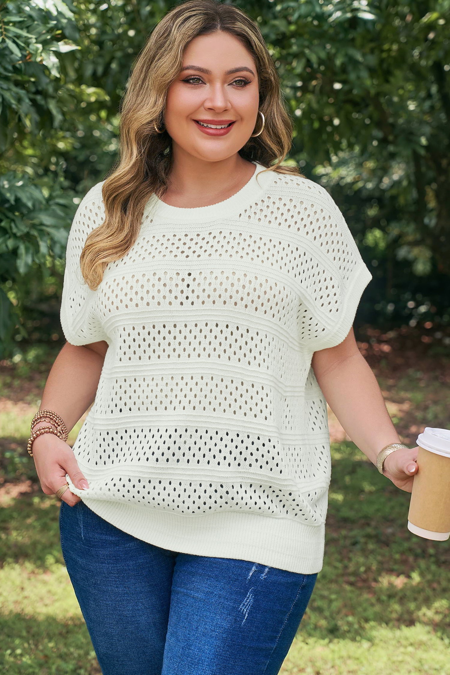White Plus Size Eyelet Hollow Out Knit Ribbed Trim Short Sleeve Dolman Sweater