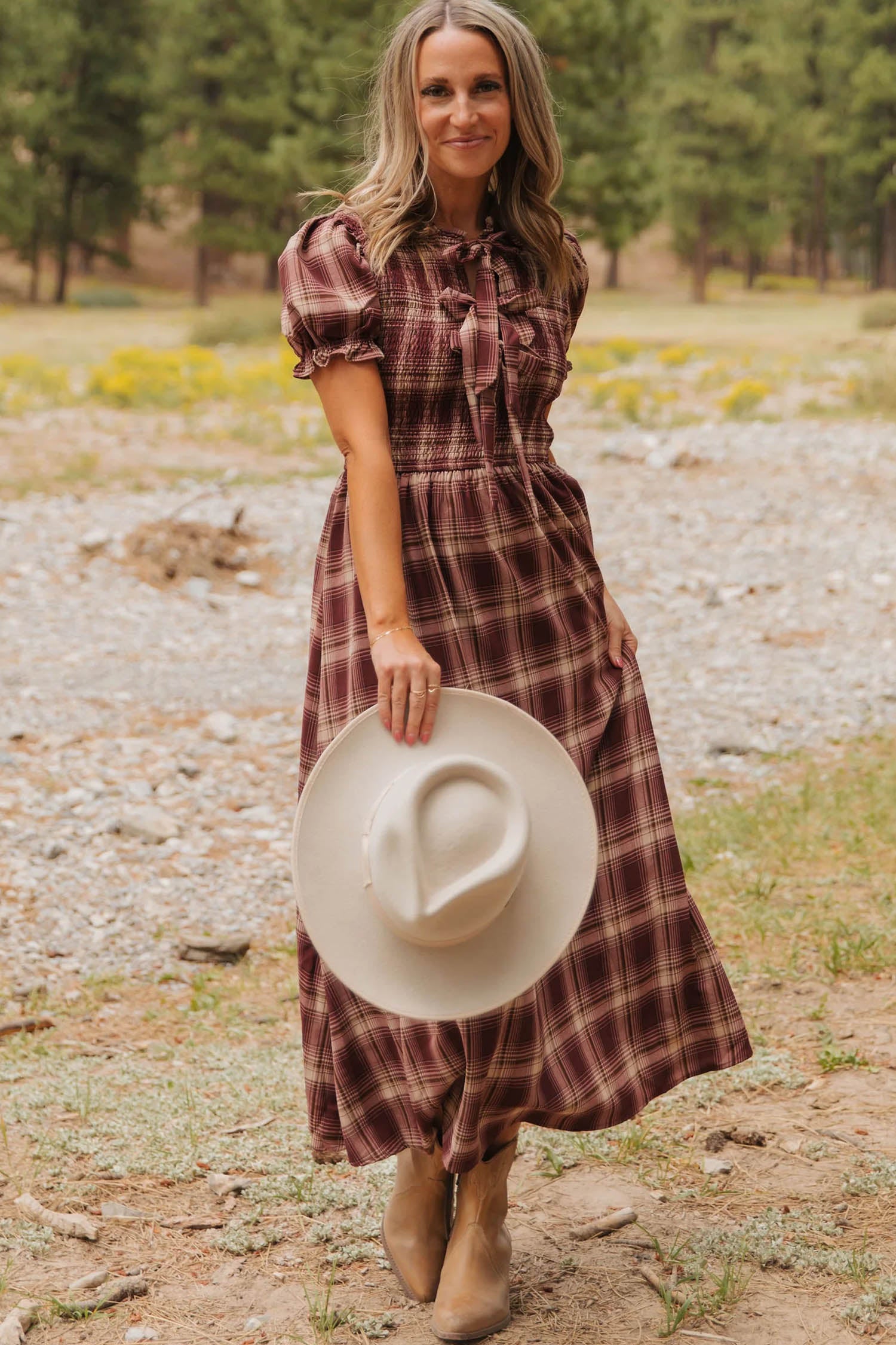 Red Vintage Plaid Knot Front Smocked High Waist Midi Dress