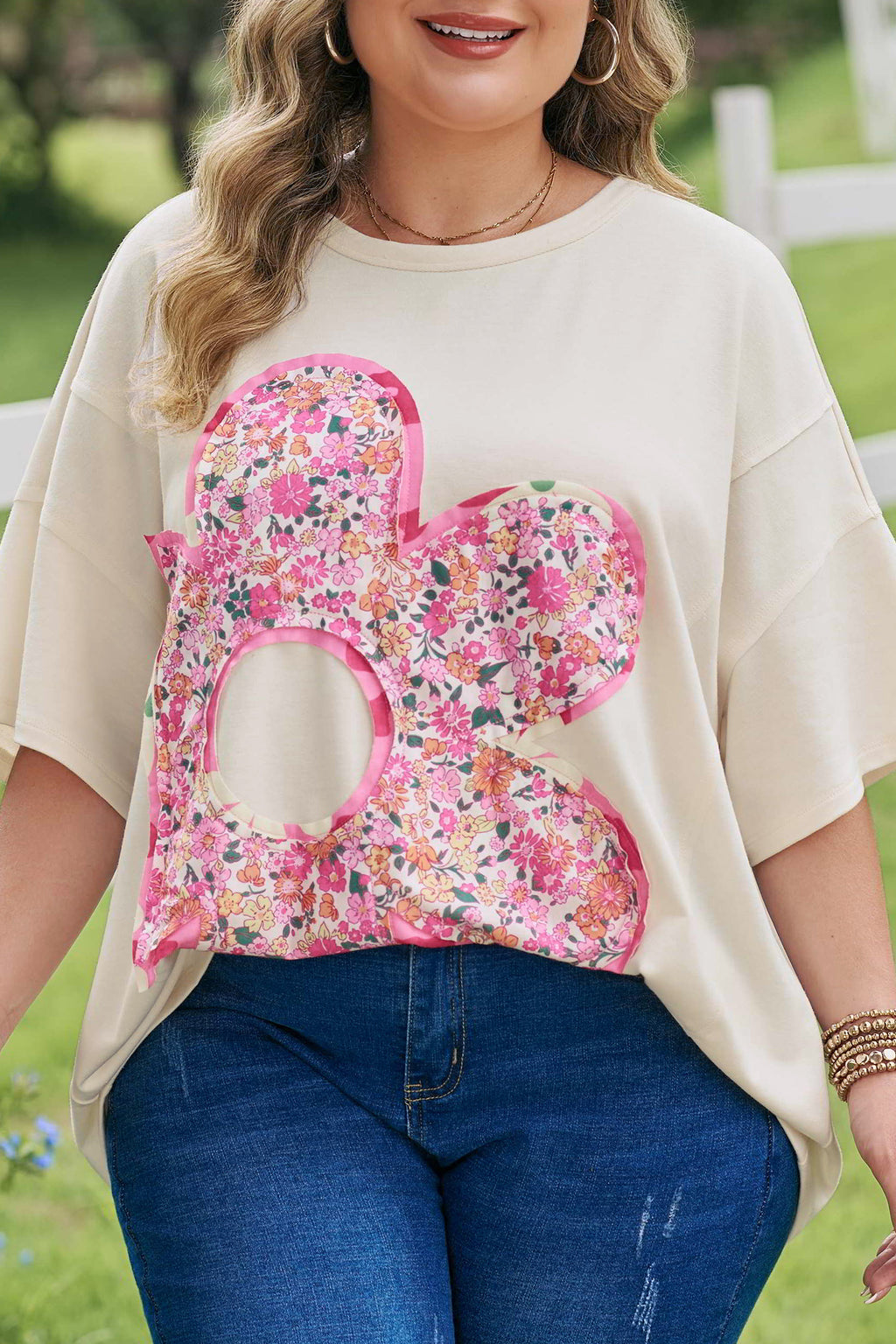 Jet Stream Big Flower Patched Plus Size Tunic T-Shirt