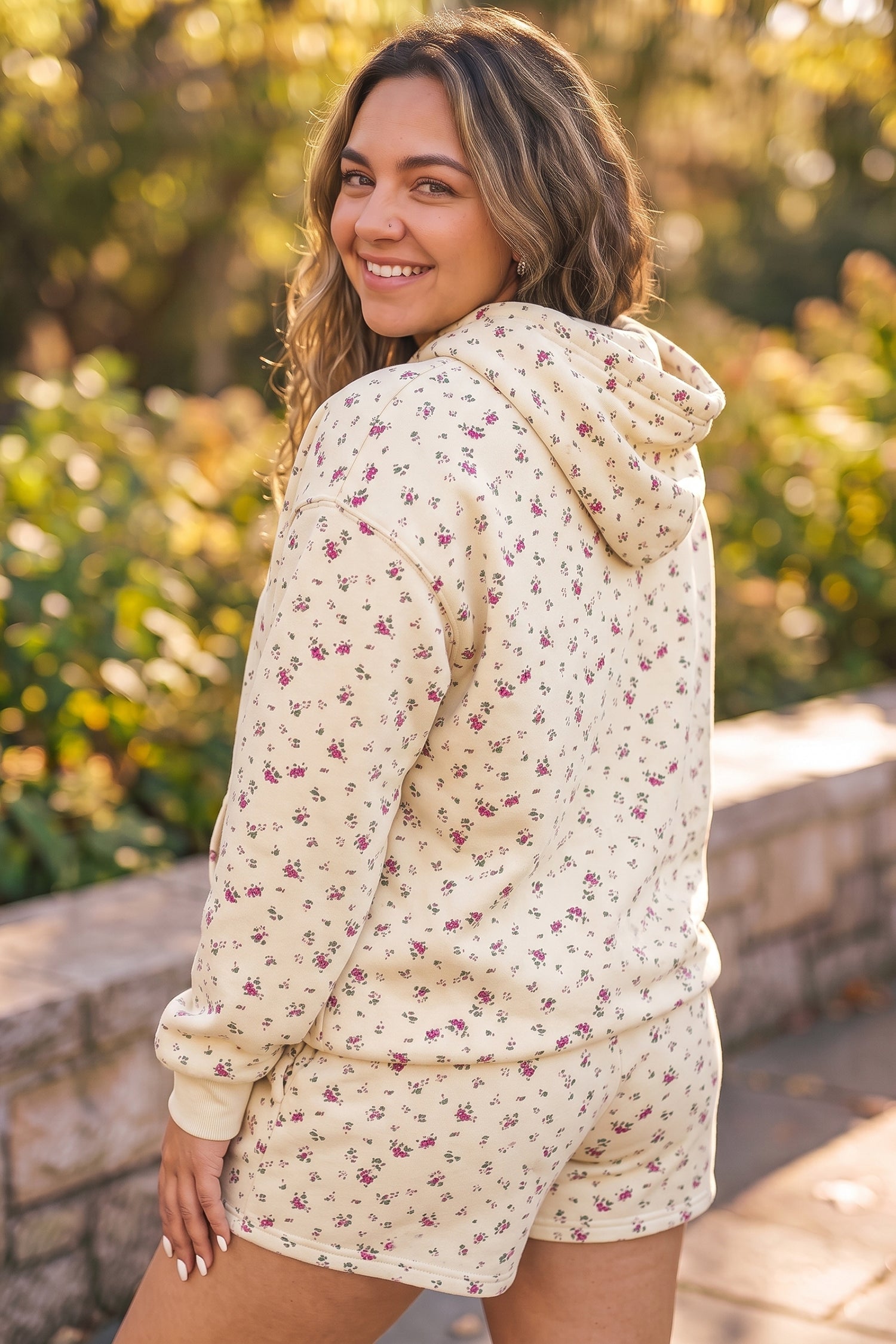 Beige Floral Print Hooded Long Sleeve Plus Size Set