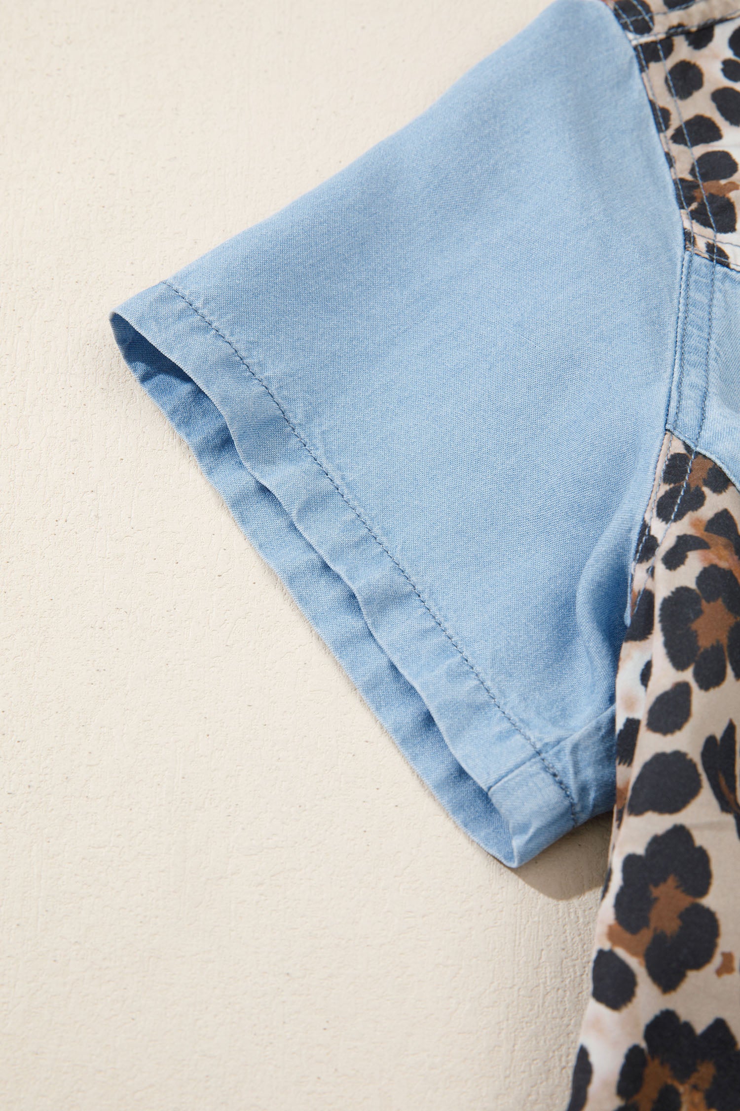 Myosotis Denim Color Block Leopard Patchwork Shirt Collar T Shirt Mini Dress