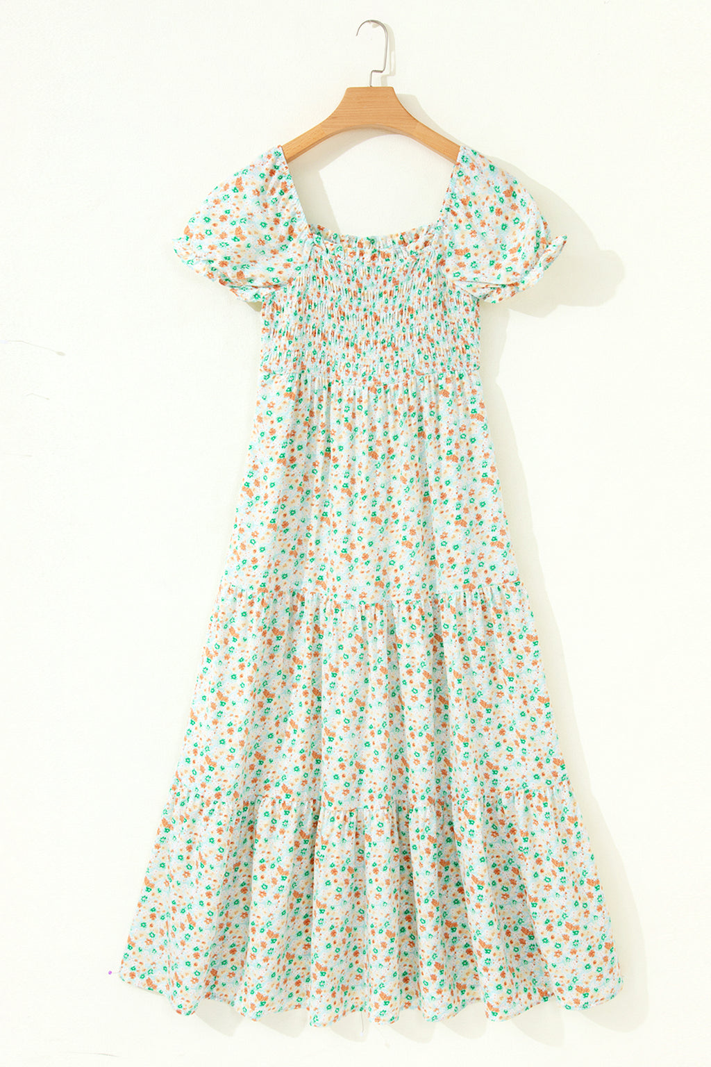 Purple Floral Short Bubble Sleeve Shirred High Waist Maxi Dress