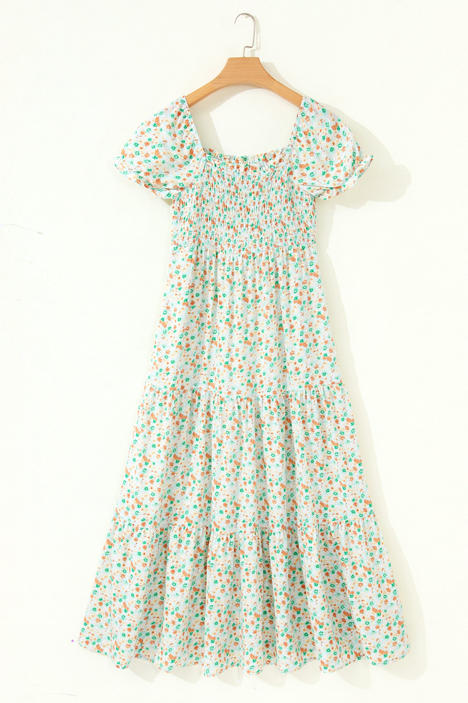 Purple Floral Short Bubble Sleeve Shirred High Waist Maxi Dress