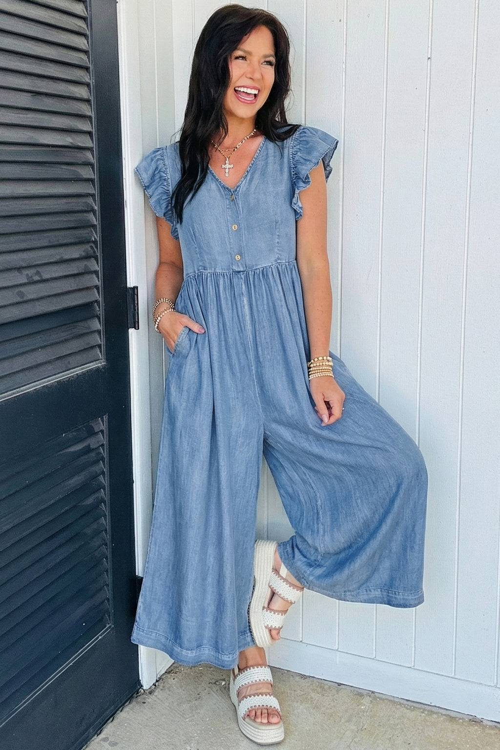 Ashleigh Blue Ruffled Short Sleeve Button V Neck Wide Leg Denim Jumpsuit