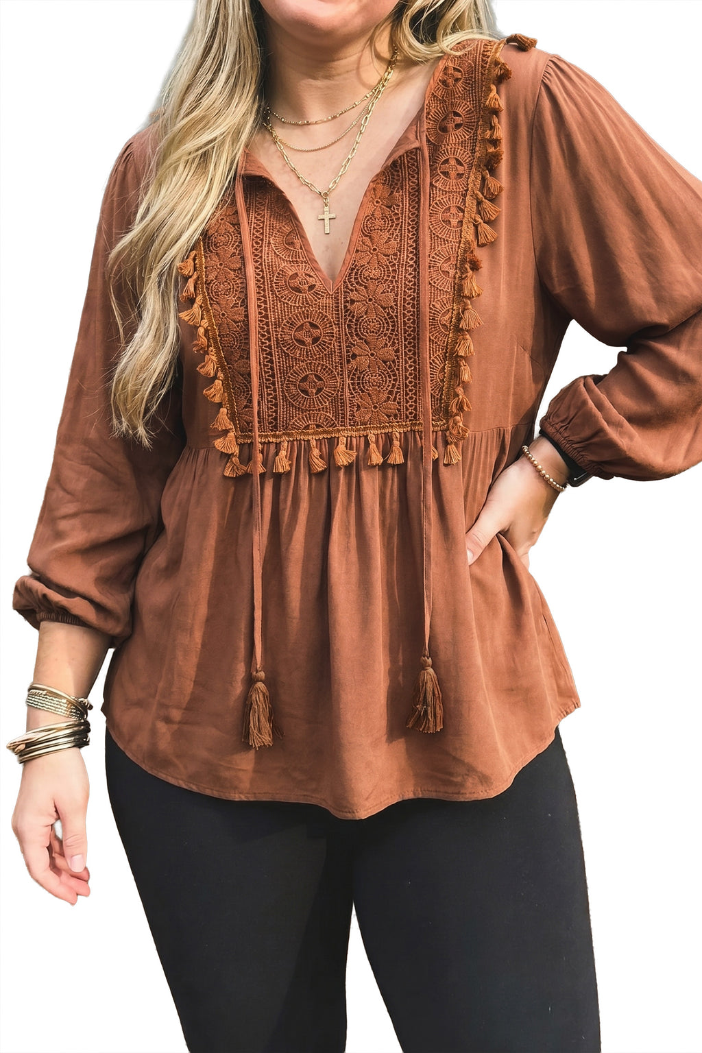 Chestnut Boho V Neck Embroidered Tassel Long Sleeve Plus Size Blouse