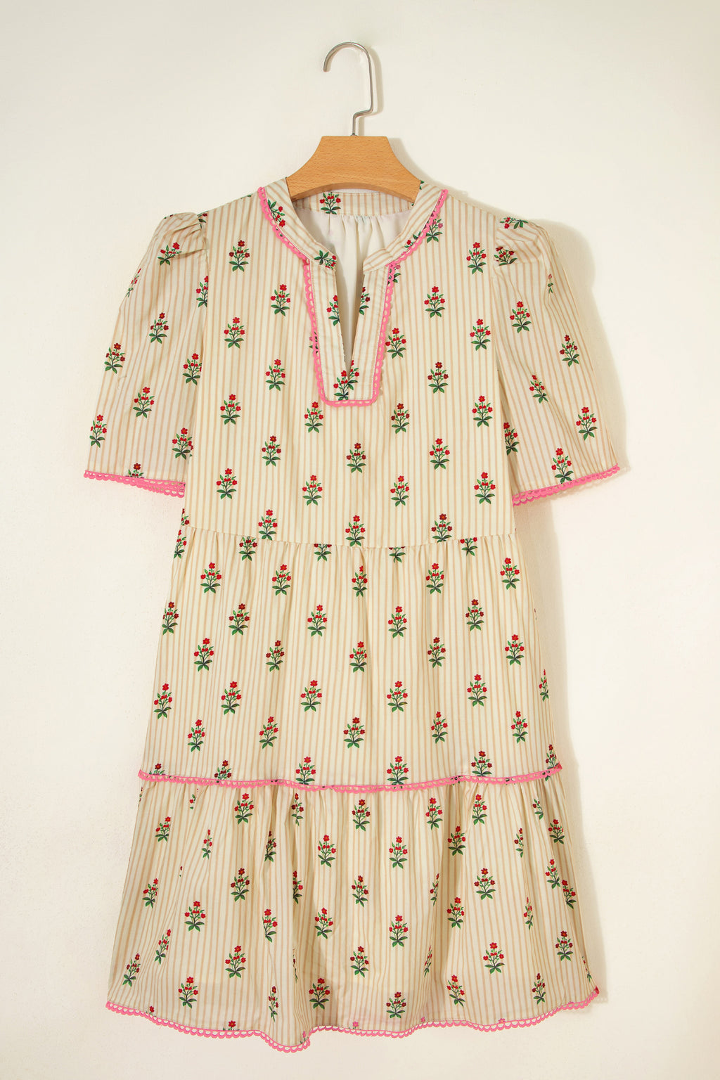 Apricot Striped Floral Print Contrast Detail Ruffle Hem Short Dress