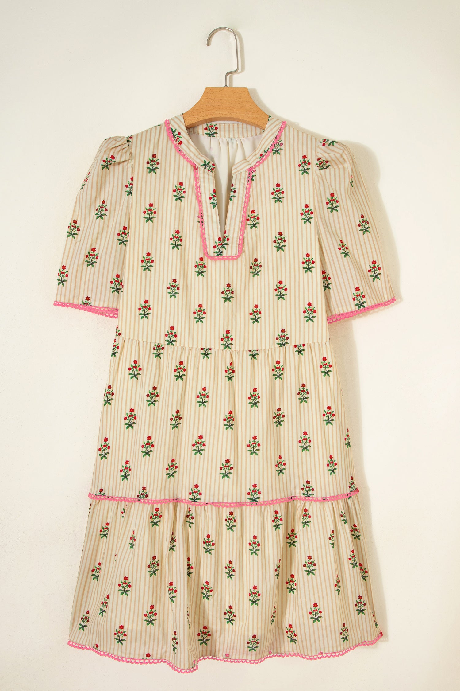 Apricot Striped Floral Print Contrast Detail Ruffle Hem Short Dress