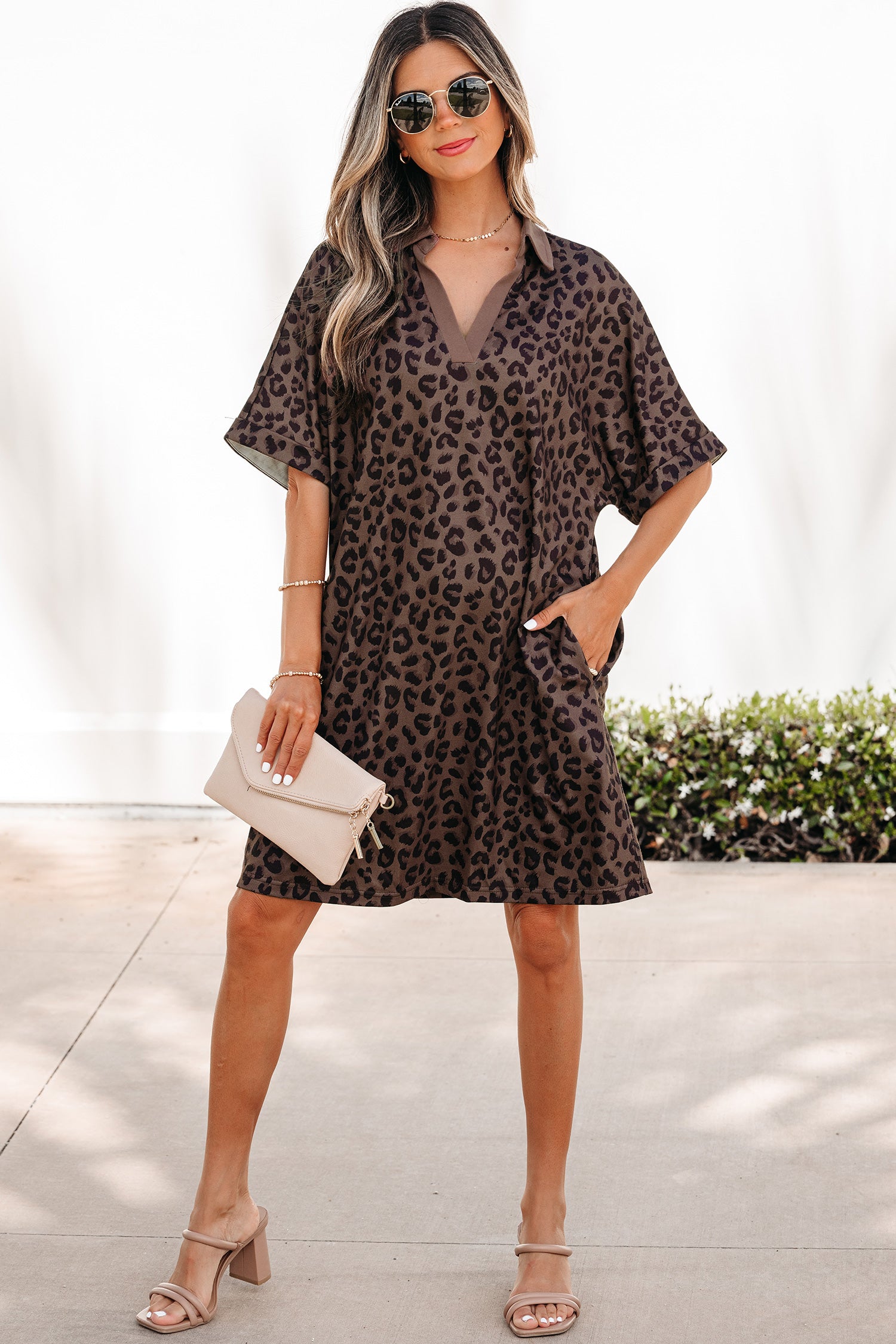 Brown Leopard Print Contrast Collar V-Neck Mini Dress