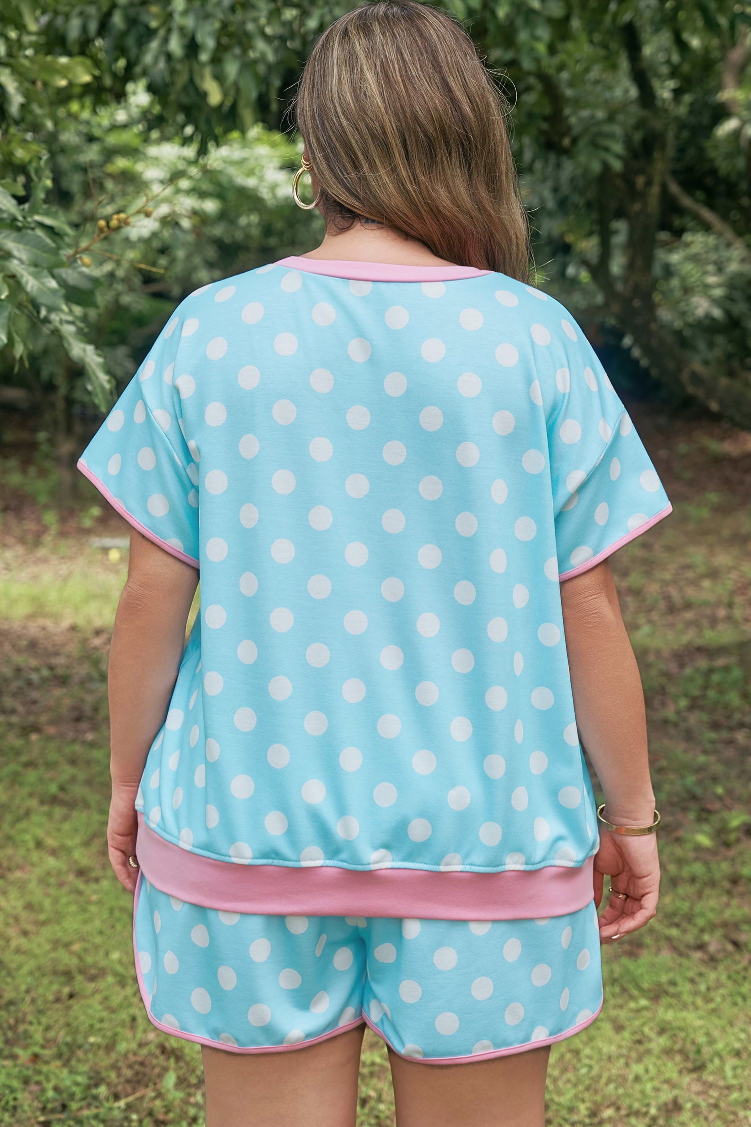 Sky Blue Polka Dot Print Color Block Trim Plus Size 2pcs Short Set
