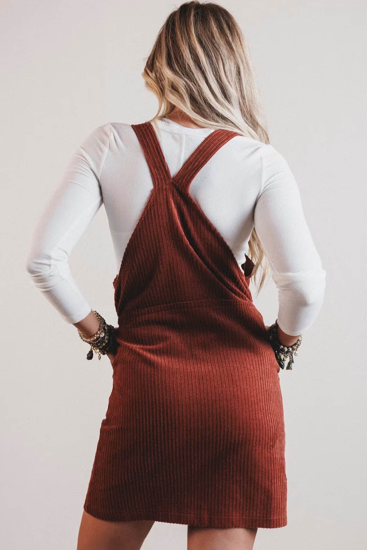 Clay Ribbed Corduroy Zip-Up Sleeveless Pocket Sheath Dress