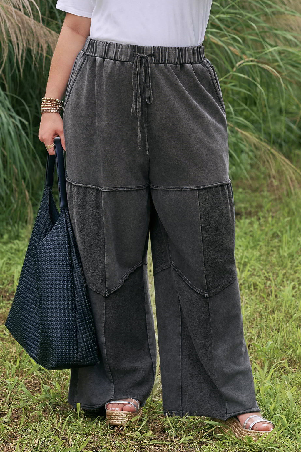 Black Plus Size Mineral Wash Exposed Seam Patchwork Drawstring Loose Pants