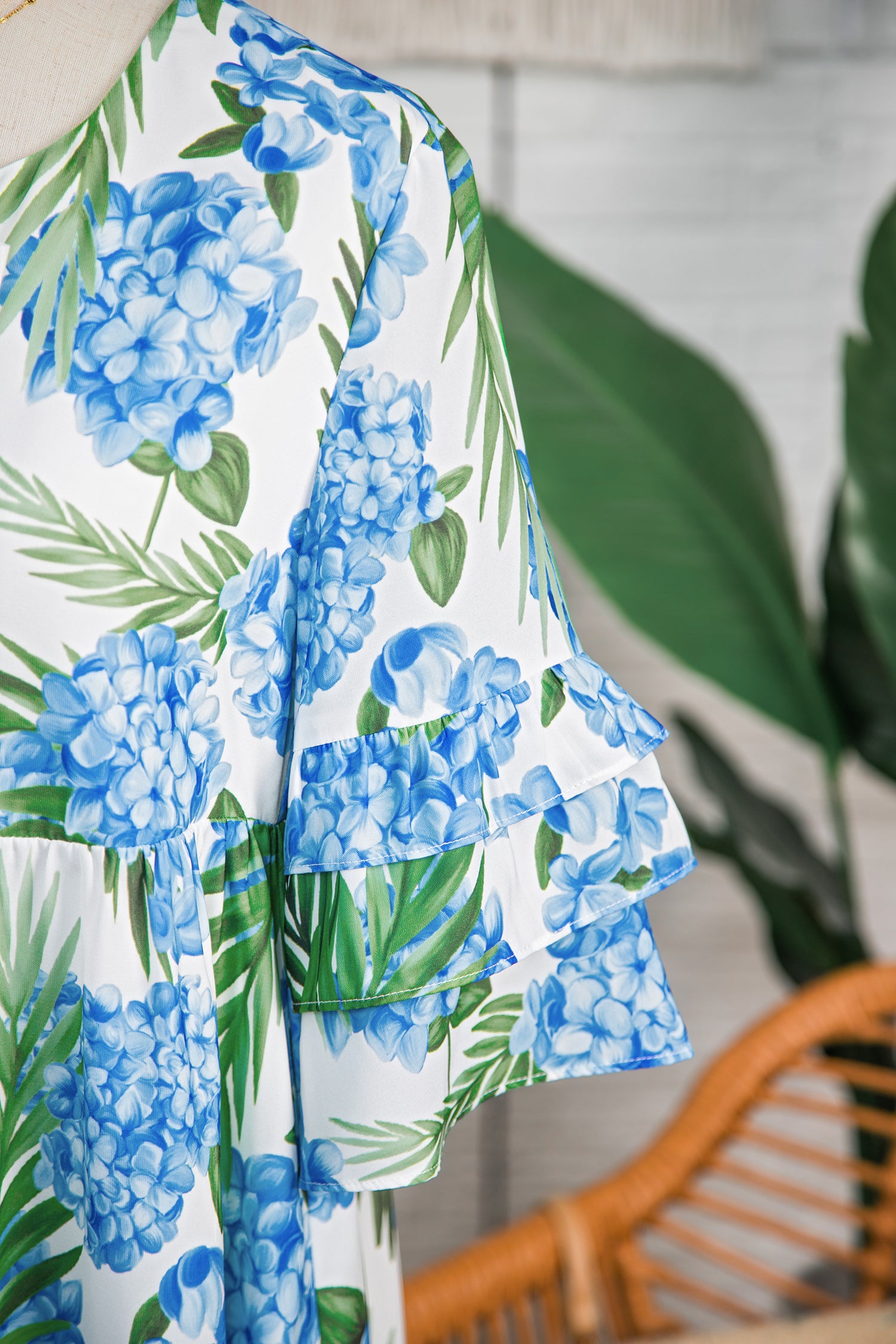 Sky Blue Palm Floral Print Contrast Ribbon Knot Ruffle Tiered Sleeve Mini Dress