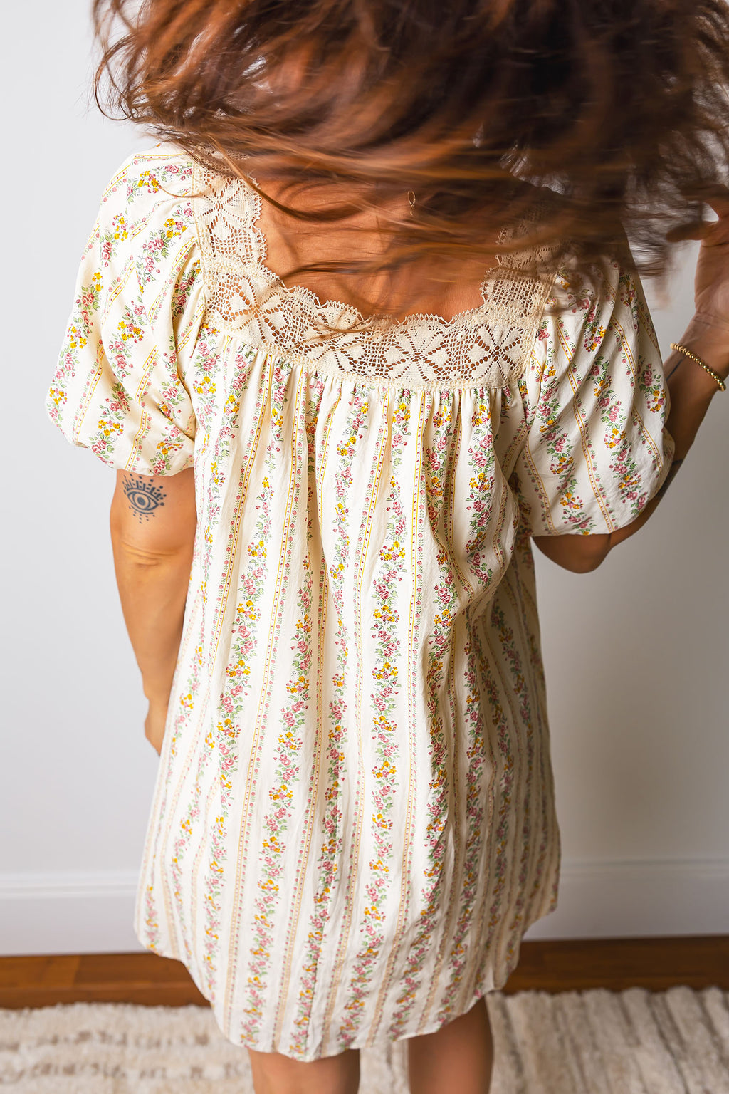 Multicolour Floral Print Contrast Ribbon Bow Lace Trim Square Neck Mini Dress