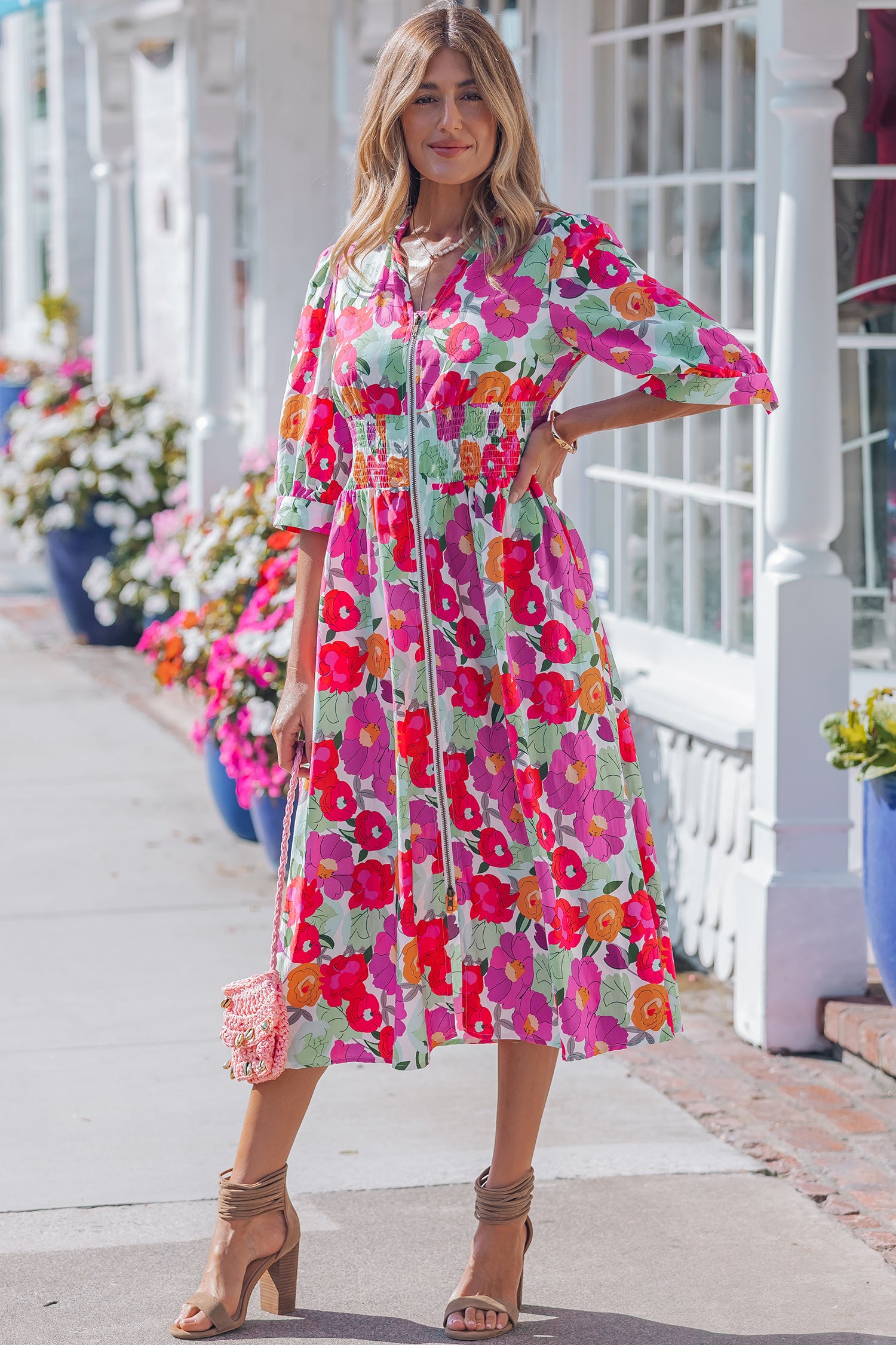 Rose Vibrant Floral Print V Neck Zip Up Puffy Half Sleeve Dress