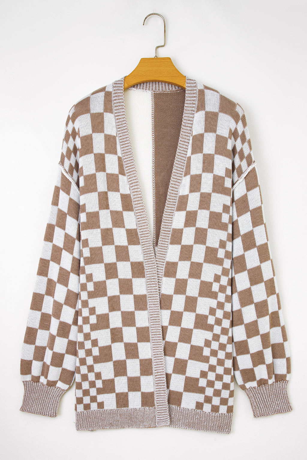 Orange Plus Size Checkered Bubble Sleeve Drop Shoulder Open Cardigan