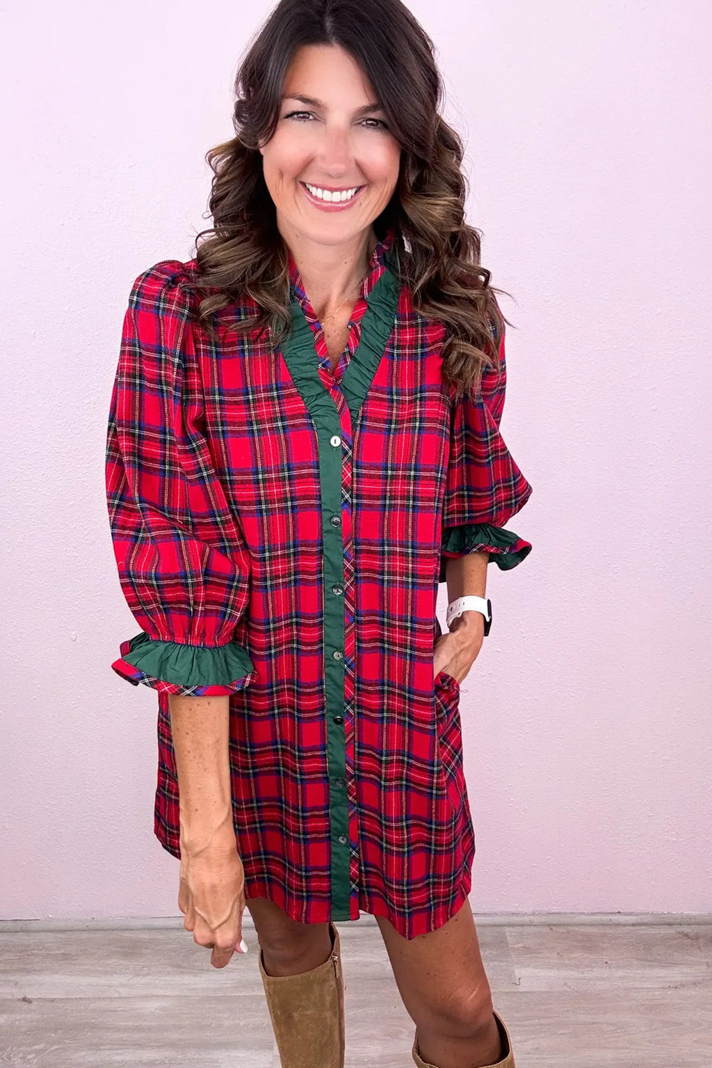 Red Plaid Ruffle Cuff Button Front Pocket Mini Dress