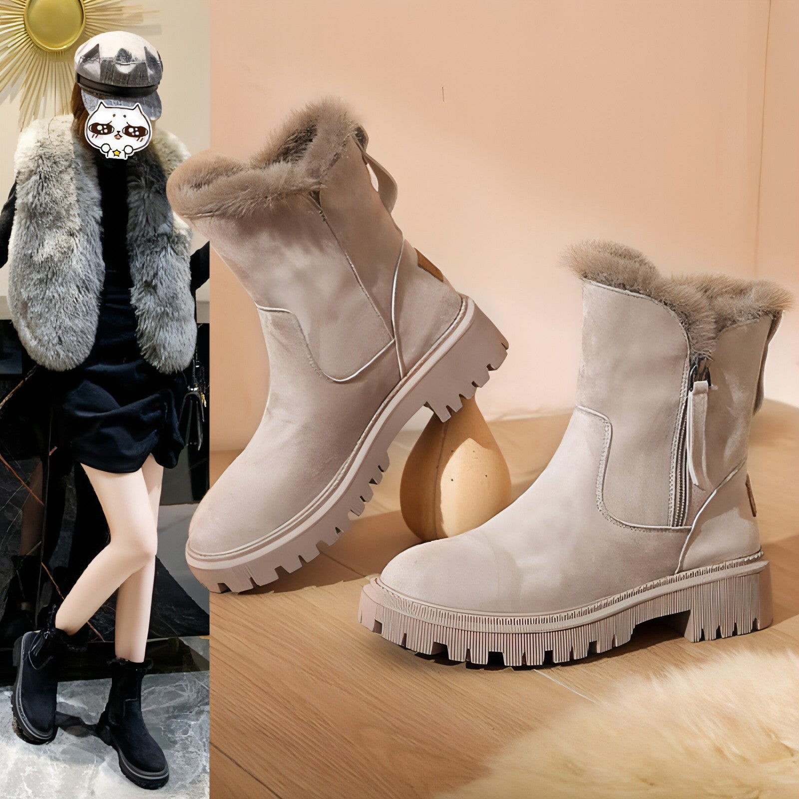 Botas de nieve de piel de invierno nuevas para mujer con relleno de algodón y forro polar Botas Martin casuales
