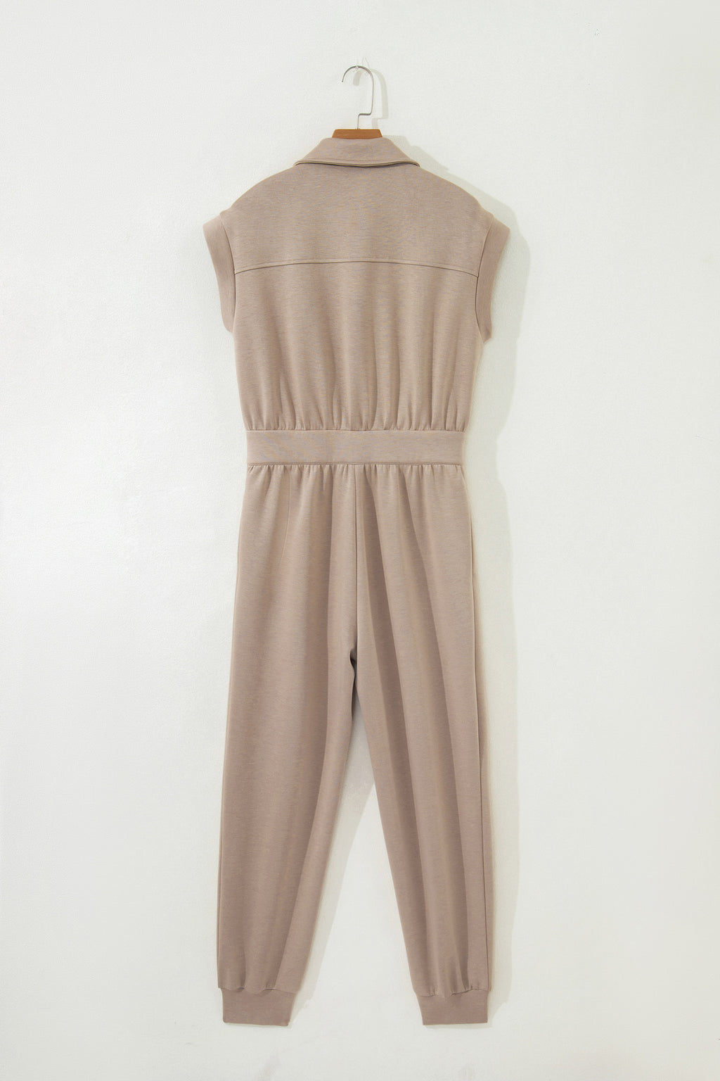 Dark Khaki Solid Color Zip Front Short Sleeve Collared Jumpsuit