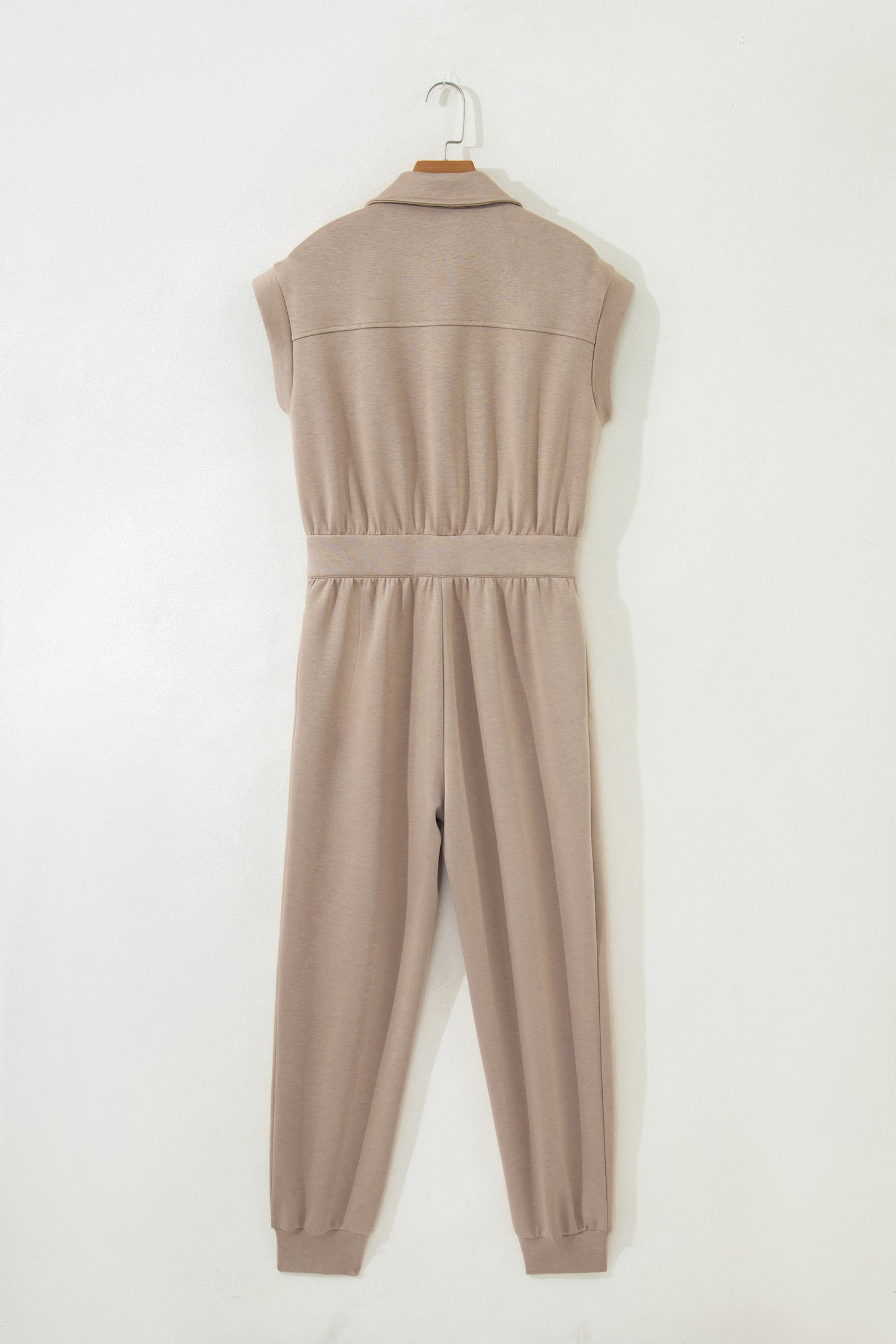 Dark Khaki Solid Color Zip Front Short Sleeve Collared Jumpsuit