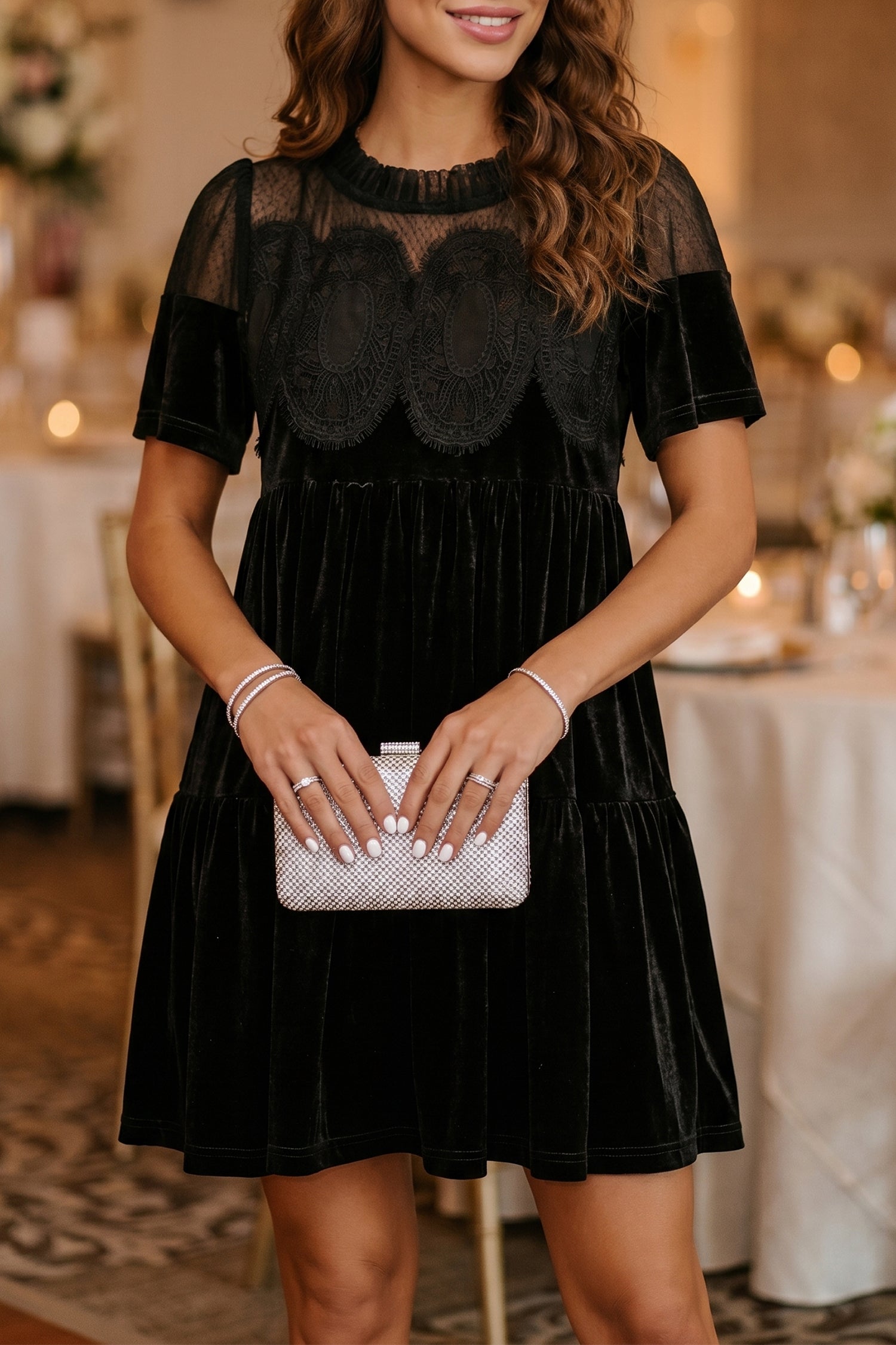 Black Embroidered Velvet Short Sleeve Mini Shift Dress