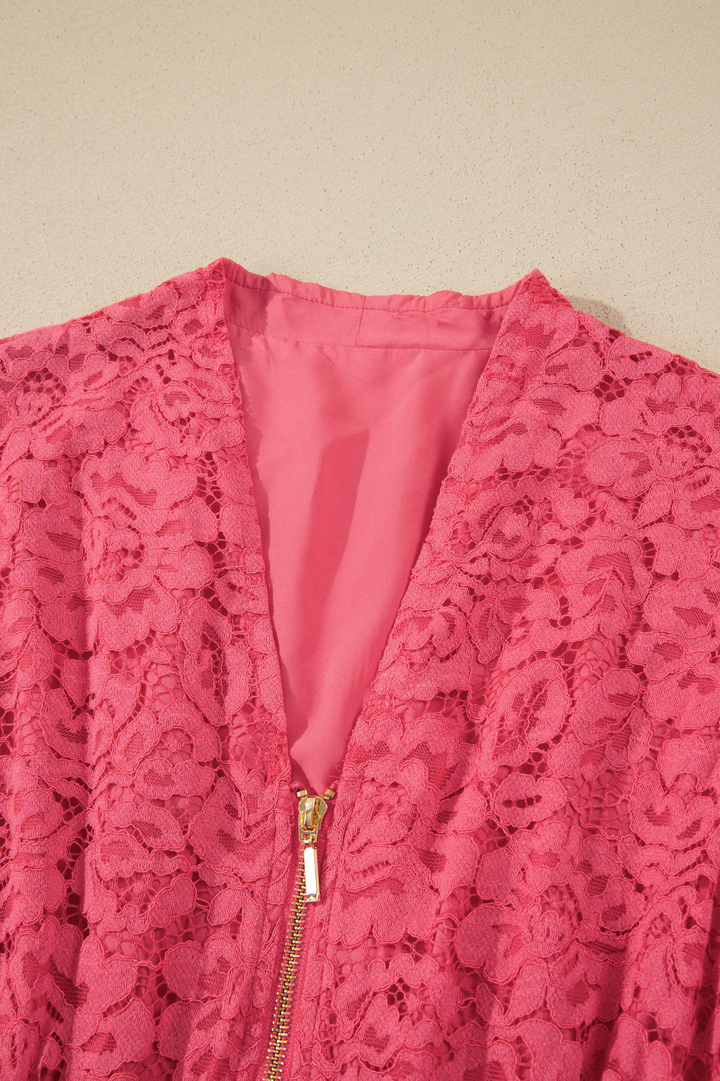 Coral Floral Lace Overlay Zip Up V Neck Smocked Waist Sleeveless Dress