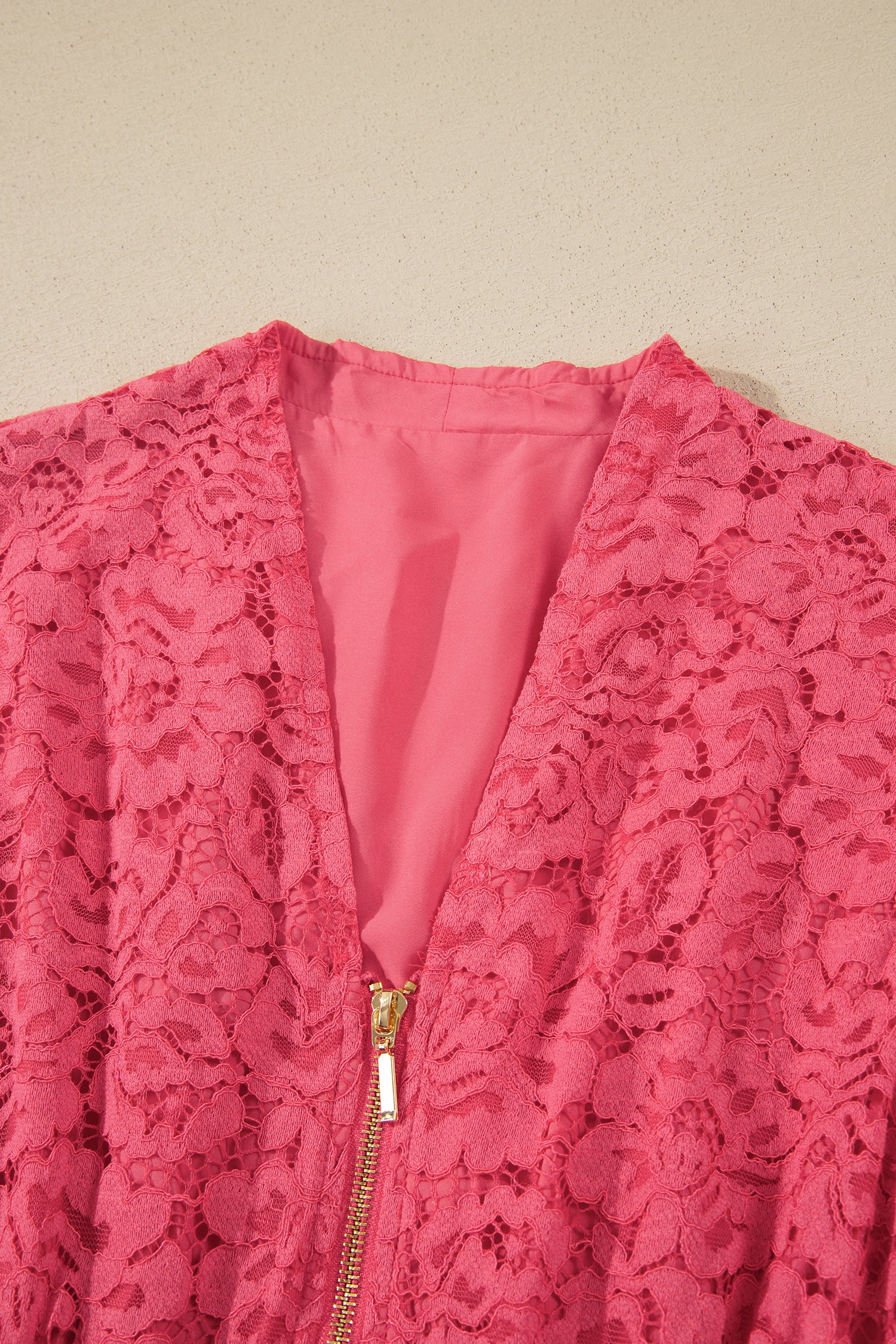 Coral Floral Lace Overlay Zip Up V Neck Smocked Waist Sleeveless Dress