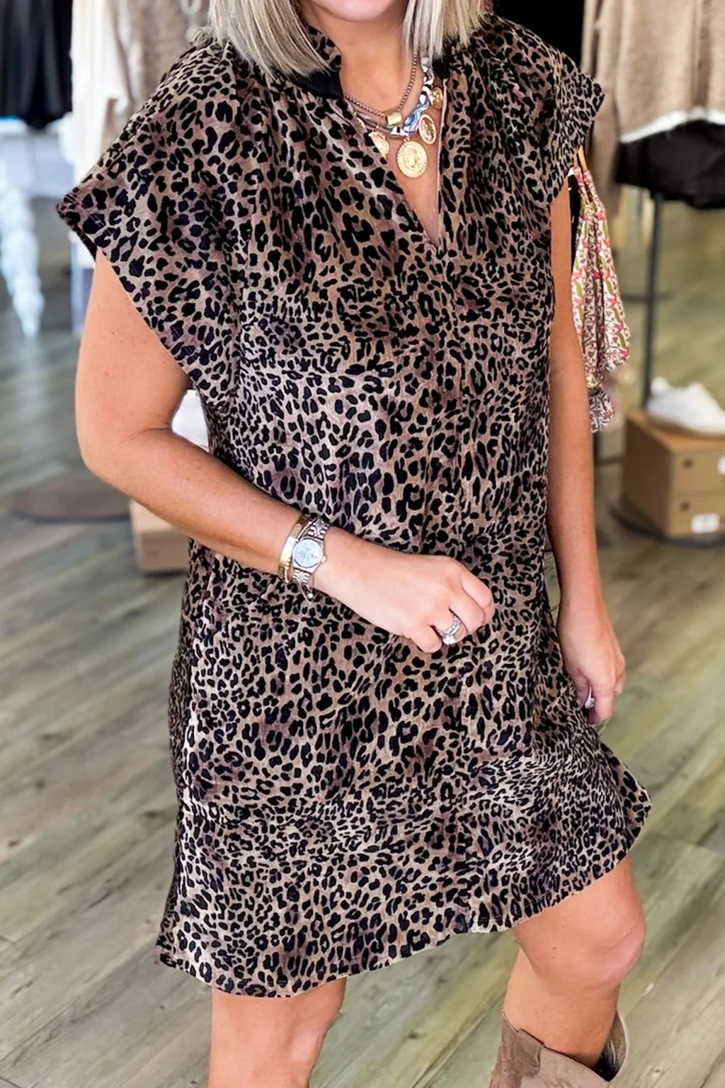 Brown Leopard Print Short Sleeve Mini Shift Silhouette Dress