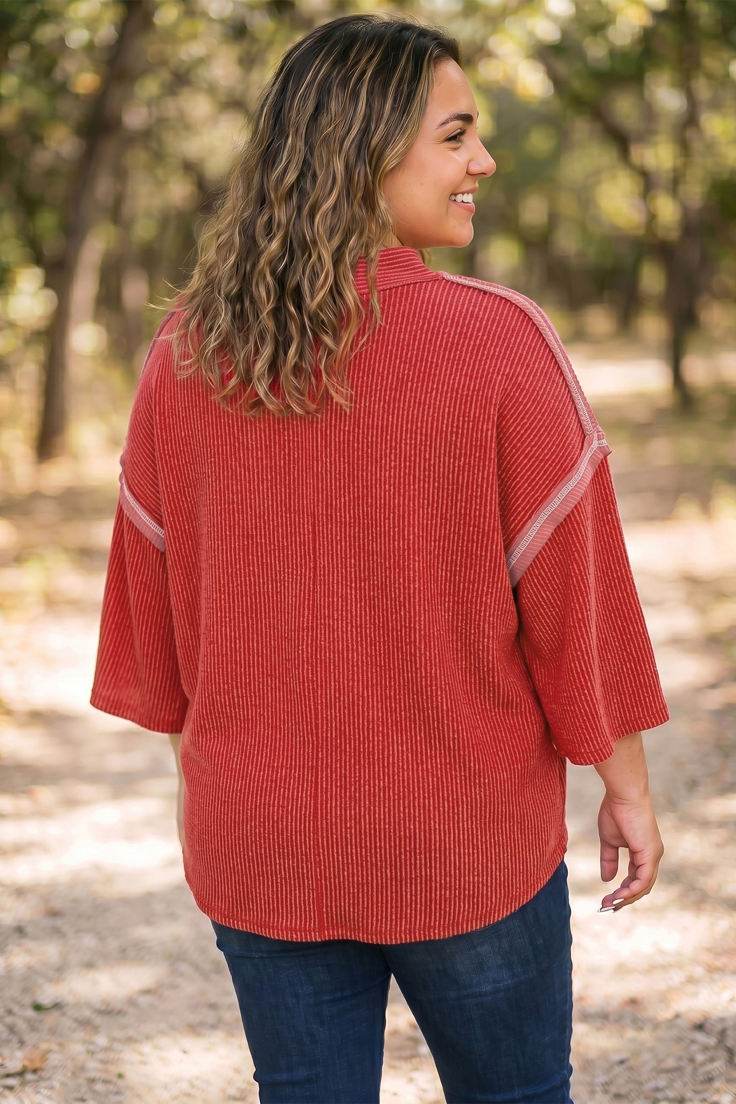 Fiery Red Twist Ribbed Tunic Round Neck Bracelet Sleeve Plus Size Blouse