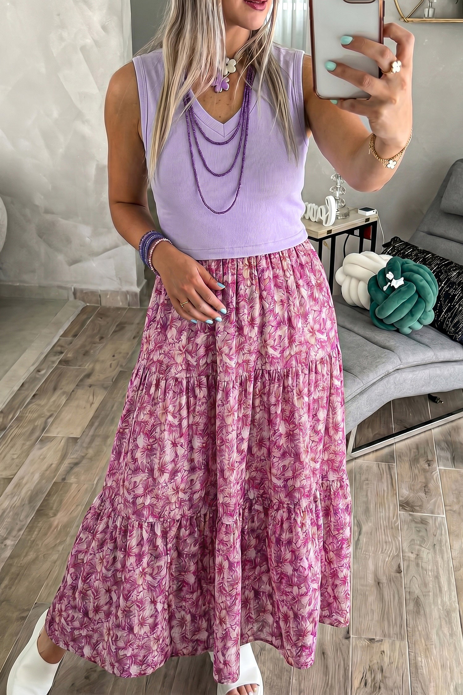 Purple Ribbed V Neck Tank Floral Contrast Patchwork Long Dress