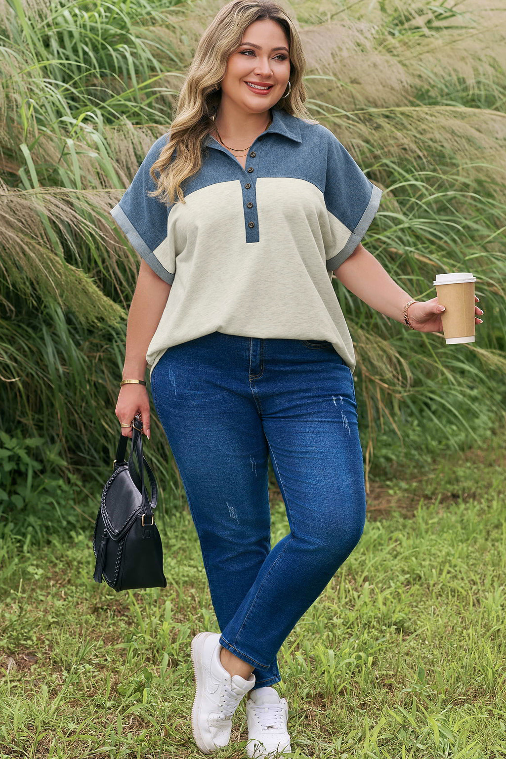 Light Grey Half Buttons Collared Denim Patchwork Plus Short Sleeve Top