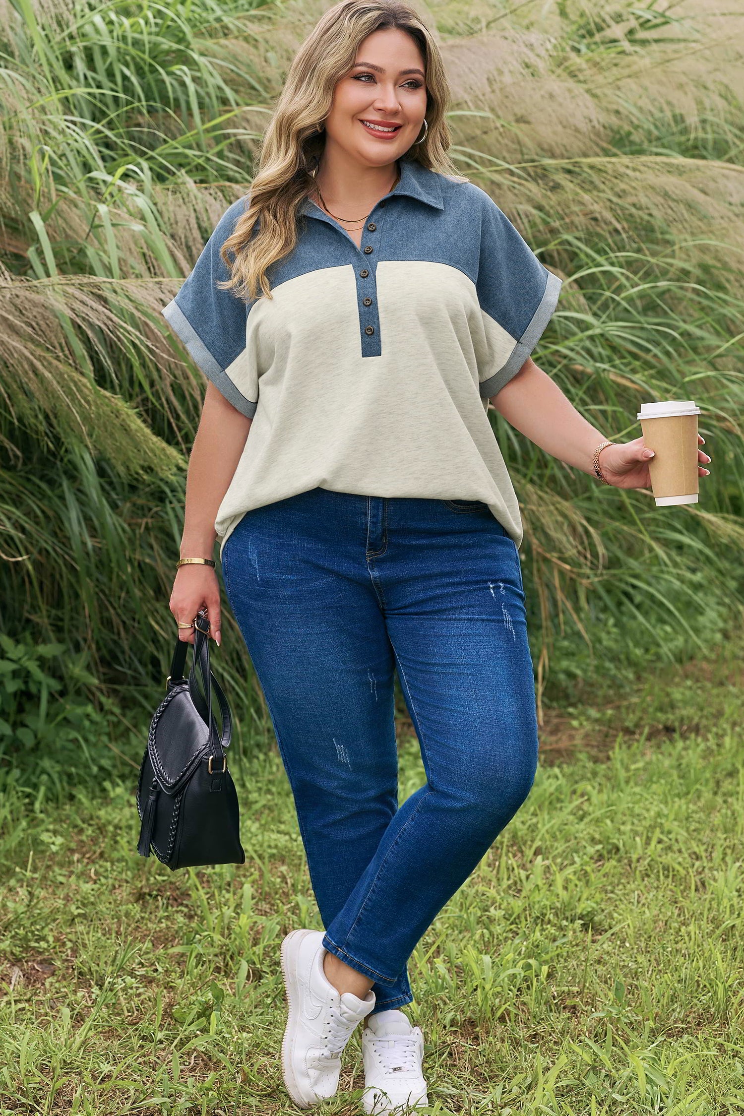 Light Grey Half Buttons Collared Denim Patchwork Plus Short Sleeve Top