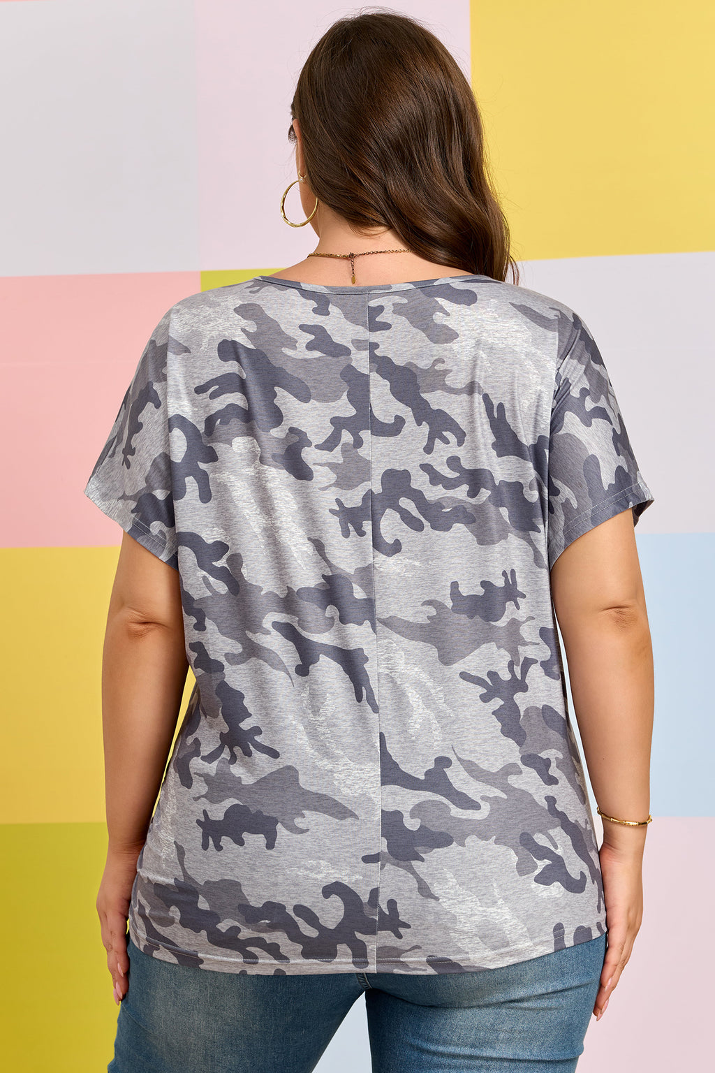 Gray Plus Size Camo Print Casual T Shirt