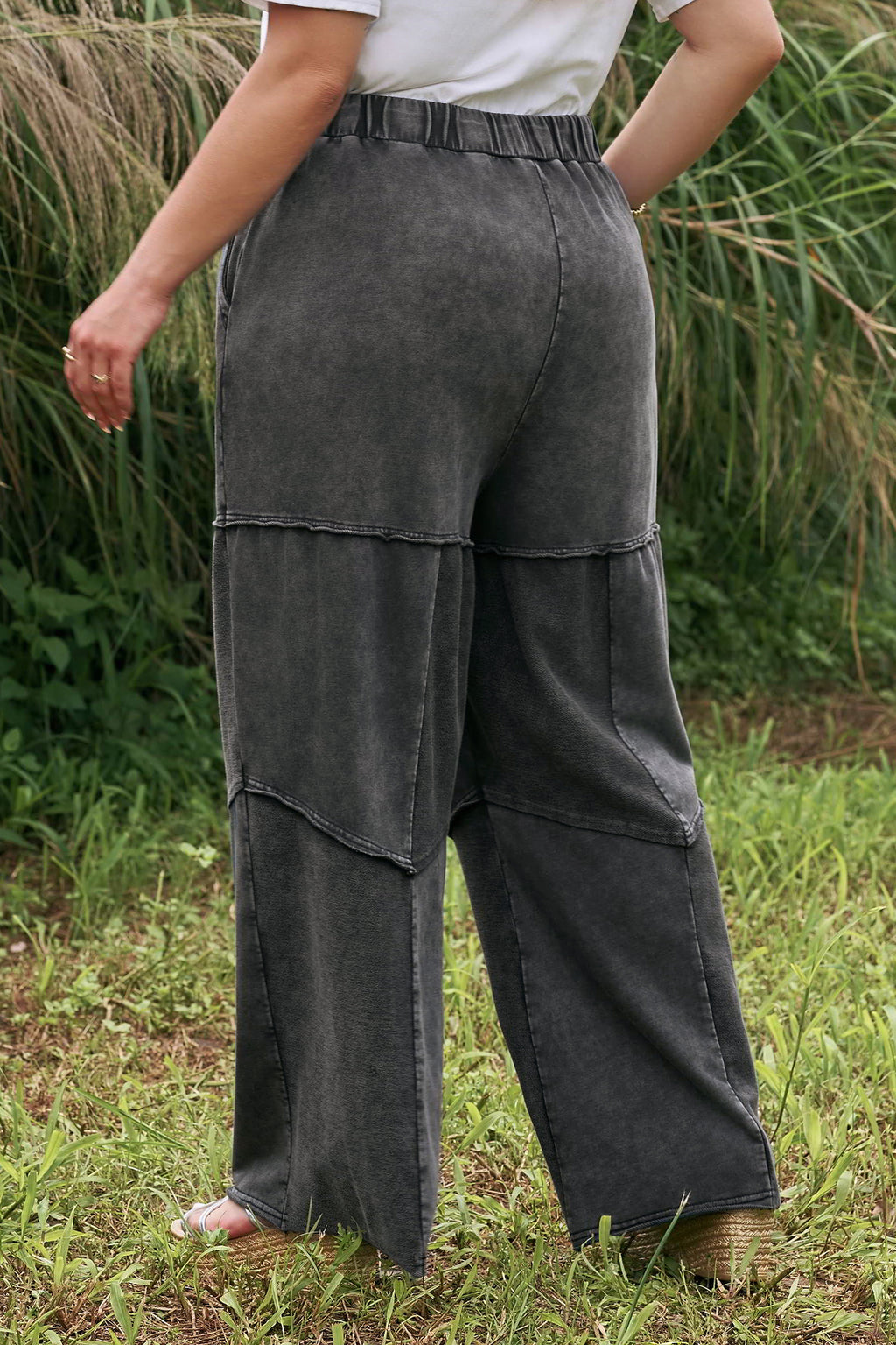 Black Plus Size Mineral Wash Exposed Seam Patchwork Drawstring Loose Pants