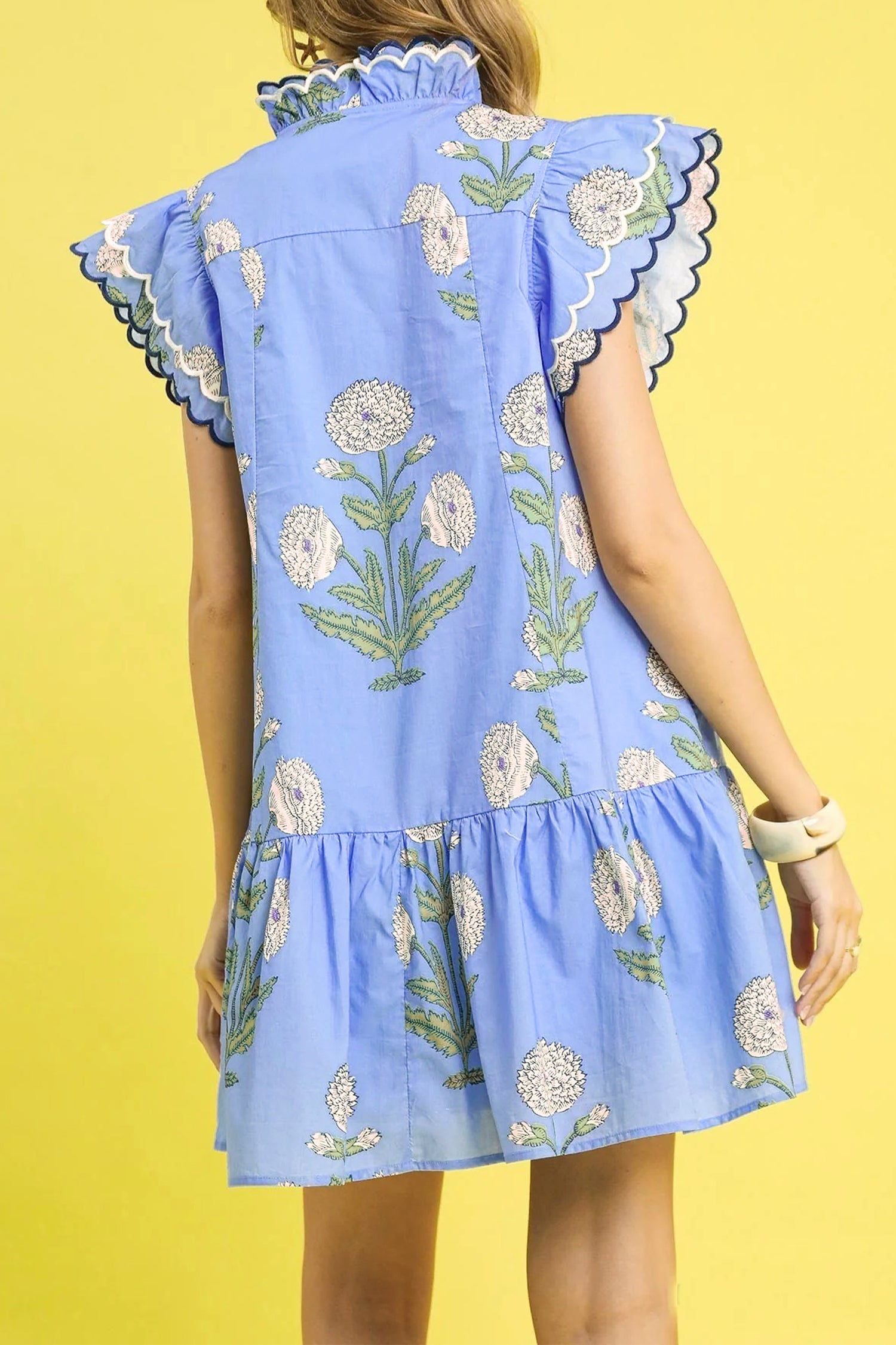 White Wild Floral Print Scalloped Embroidery Trim V Neck Drop Waist Mini Dress
