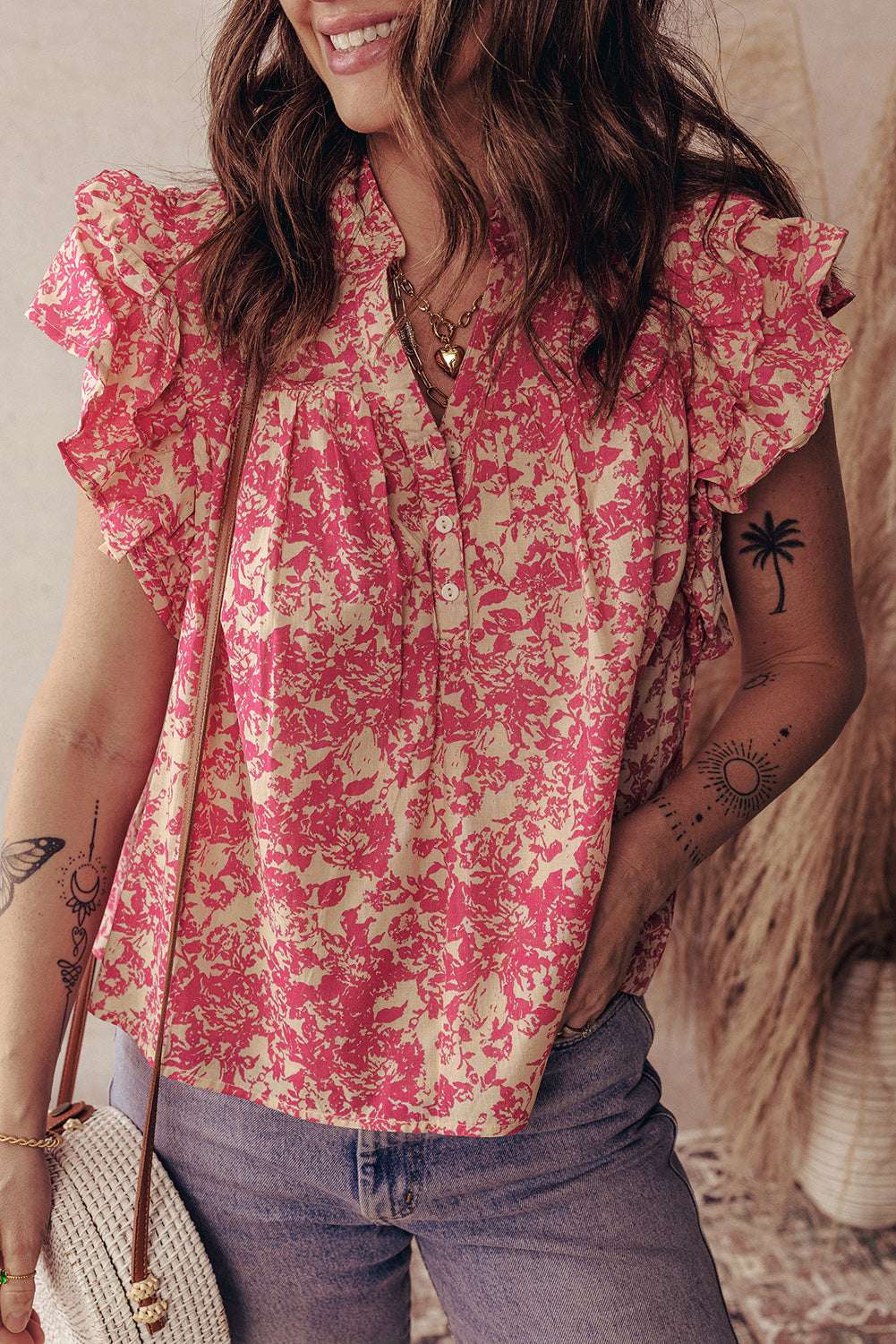 Rose Allover Printed Half Button Neck Ruffle Sleeve Blouse